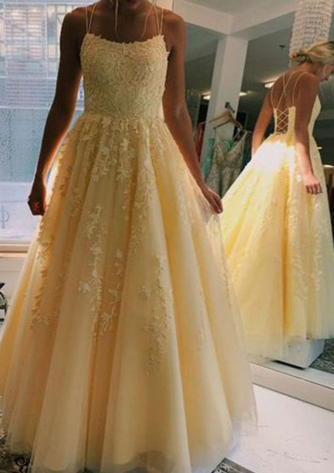 Ball Gown Lace Tulle Spaghetti Straps Crisscross Lace-up Court Train Prom Dress