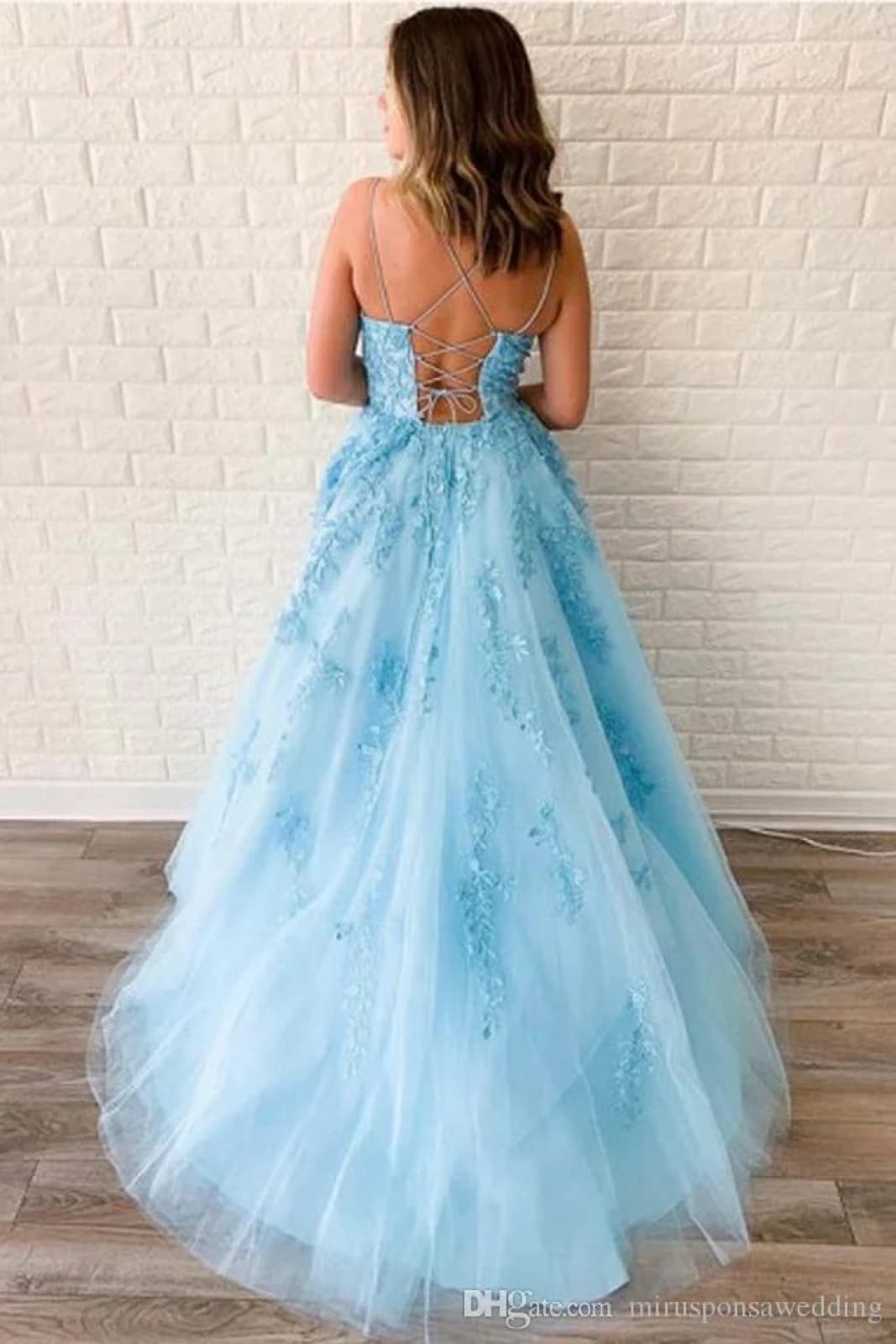 Ball Gown Lace Tulle Spaghetti Straps Crisscross Lace-up Court Train Prom Dress