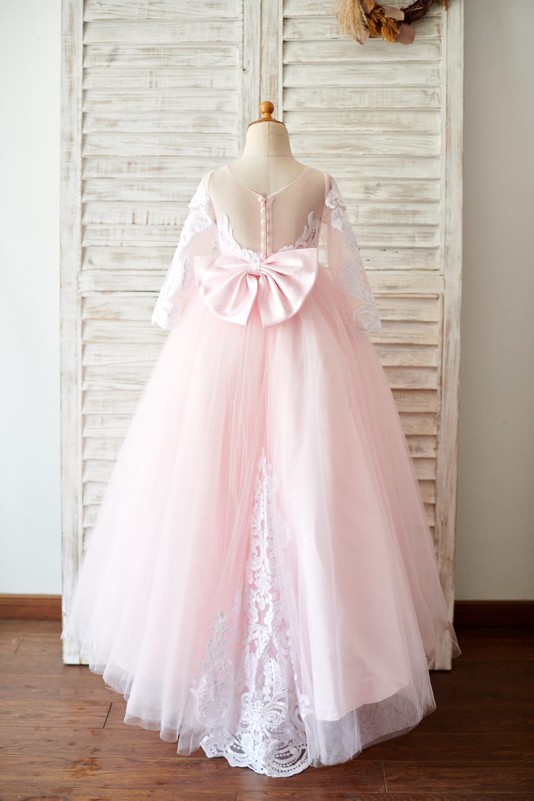 Ball Gown Long Sleeves Pink Lace Tulle Wedding Flower Girl Dress