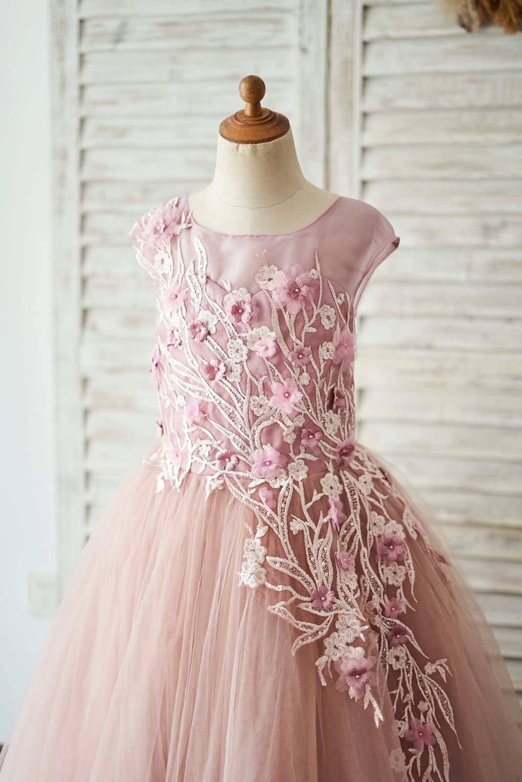 Ball Gown Mauve Lace Tulle 3D Flowers V Back Wedding Flower Girl Dress