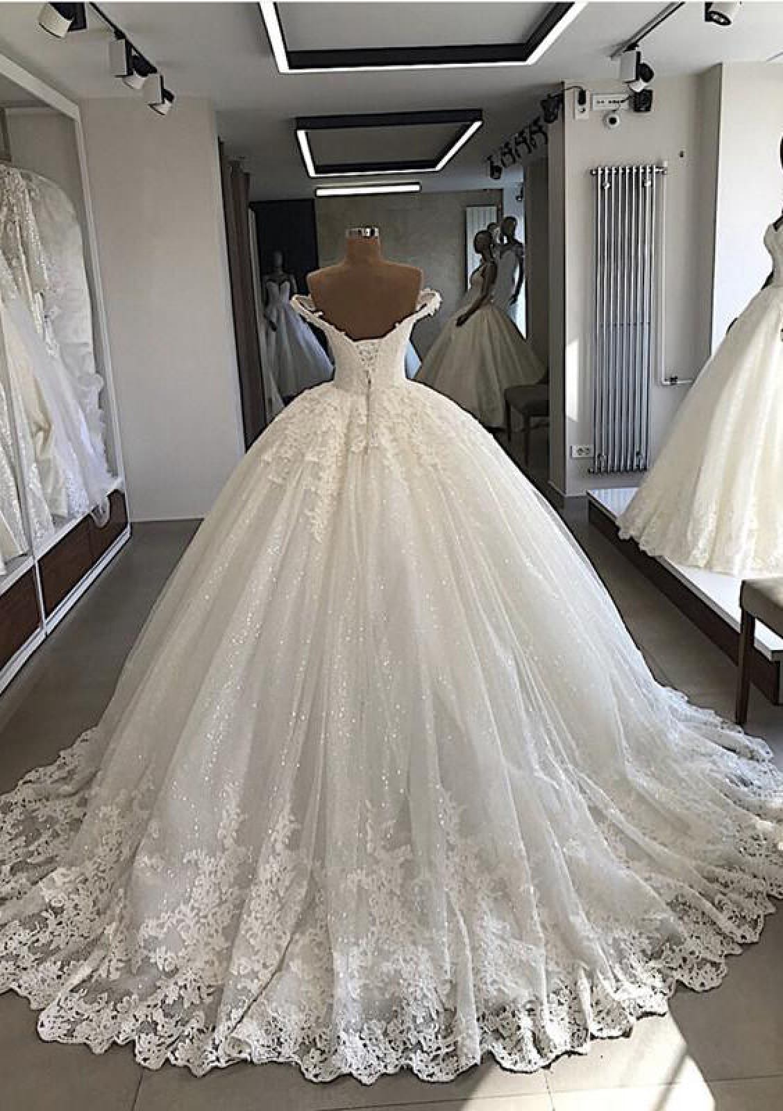 Ball Gown V Neck Off Shoulder Chapel Train Lace Wedding Dress