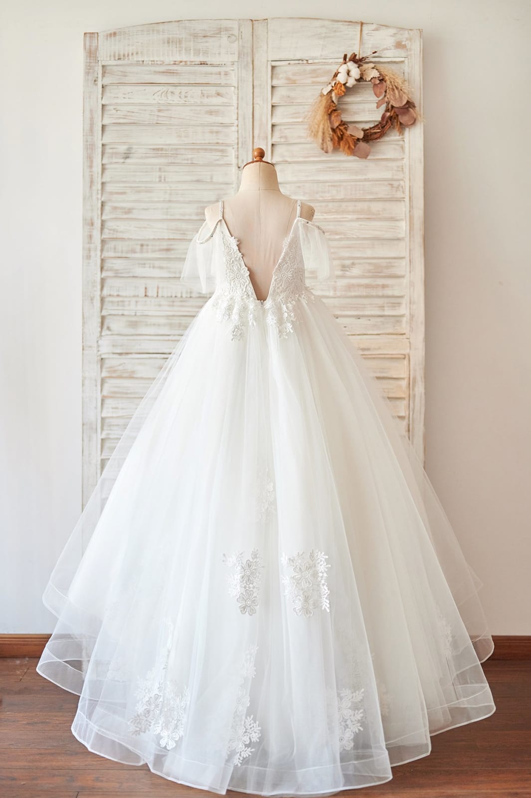 Ball Gown Off Shoulder Ivory Lace Tulle Straps V Back Wedding Flower Girl Dress