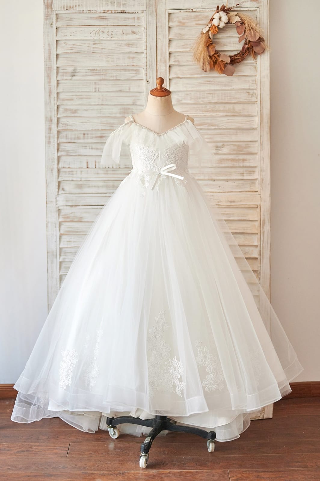 Ball Gown Off Shoulder Ivory Lace Tulle Straps V Back Wedding Flower Girl Dress