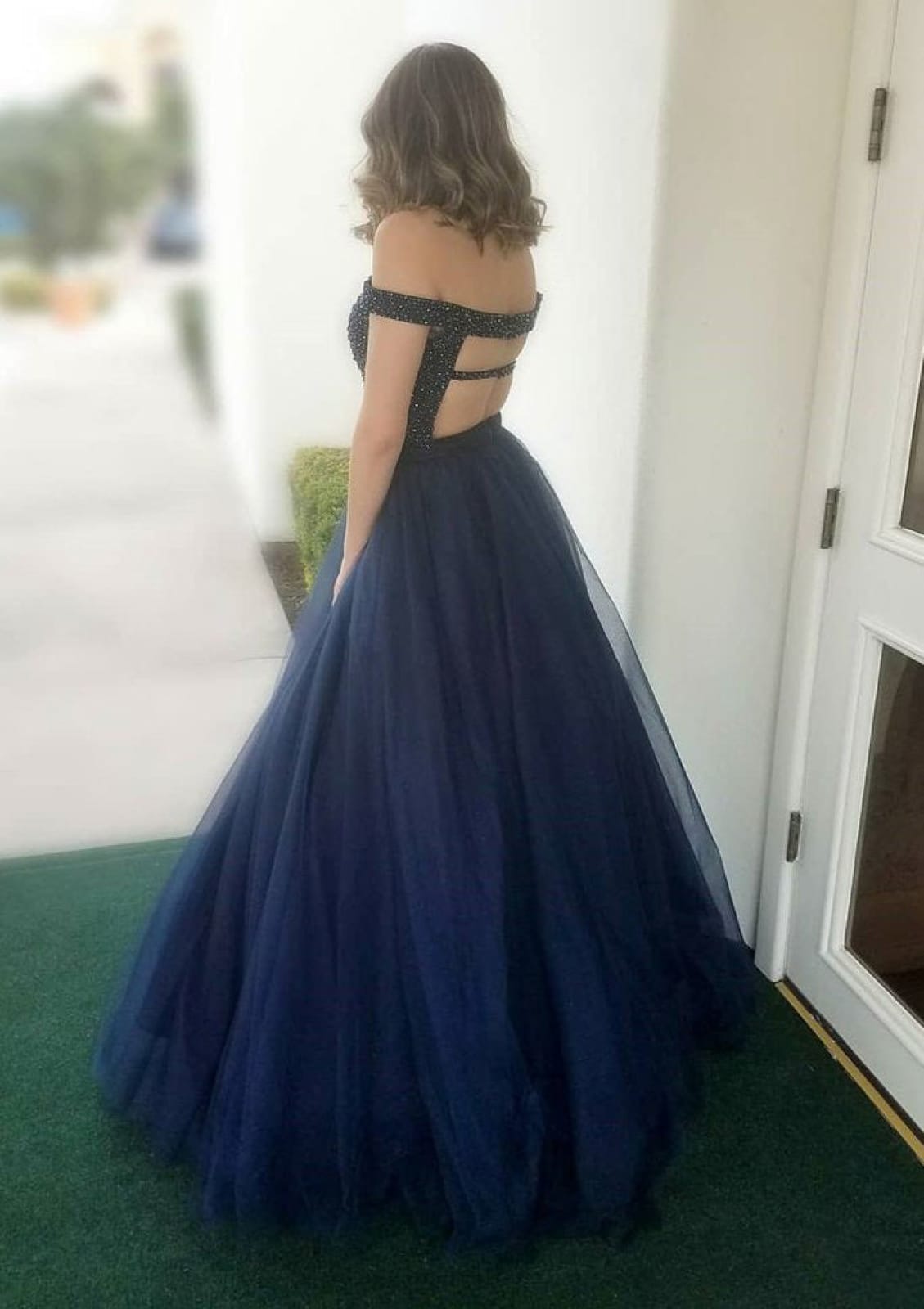 Ball Gown Off Shoulder Floor-Length Navy Blue Tulle Prom Dress, Beading