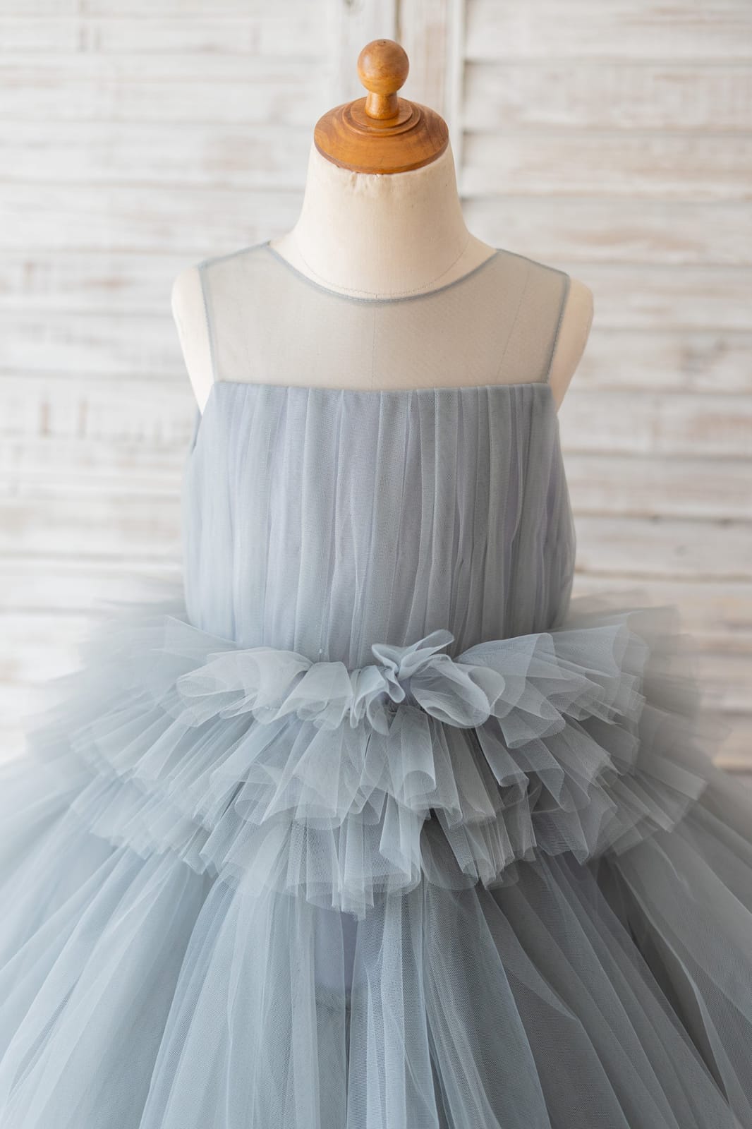 Ball Gown Silver Gray Tulle Sheer Neck Cupcake Tea Length Wedding Flower Girl Dress