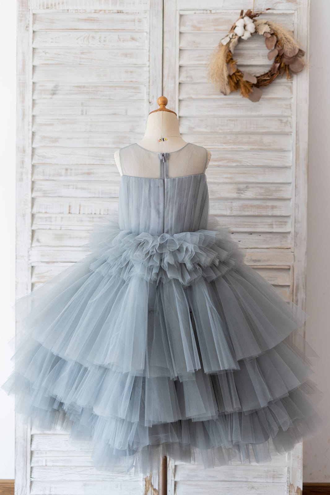 Ball Gown Silver Gray Tulle Sheer Neck Cupcake Tea Length Wedding Flower Girl Dress