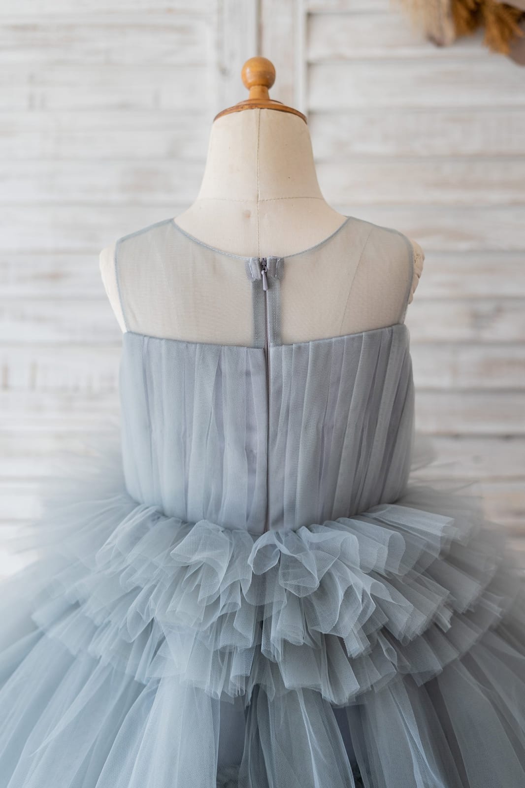 Ball Gown Silver Gray Tulle Sheer Neck Cupcake Tea Length Wedding Flower Girl Dress