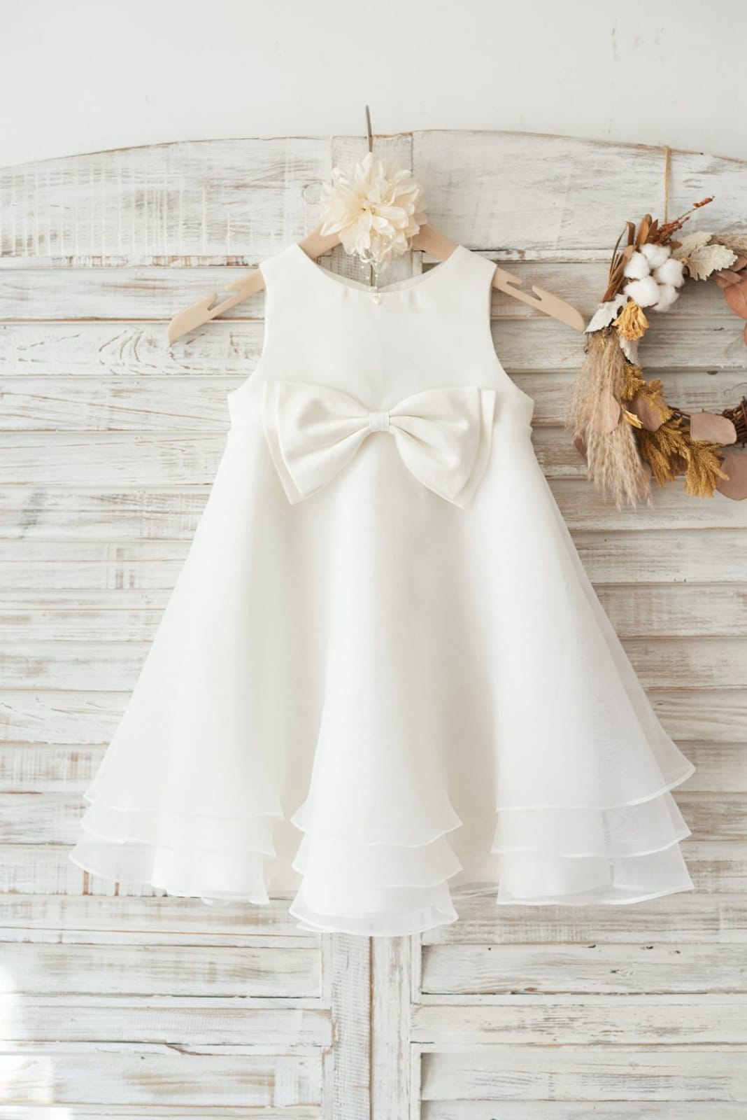 Boho Beach Ivory Satin Organza Wedding Flower Girl Dress, Bow