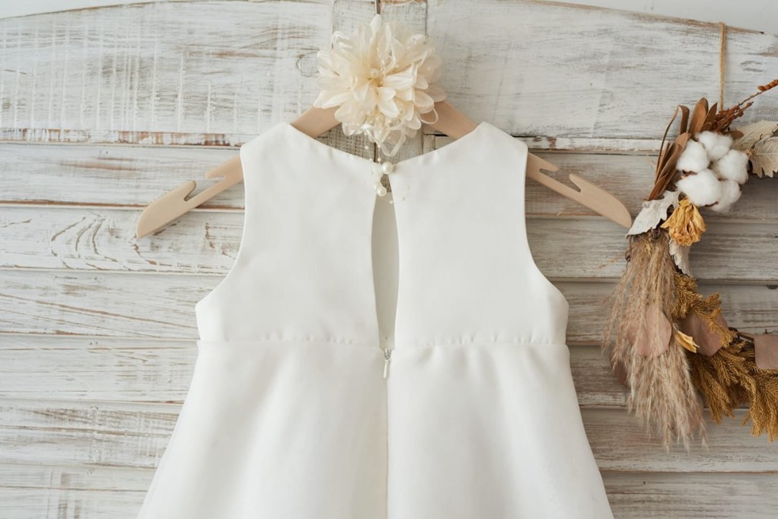 Boho Beach Ivory Satin Organza Wedding Flower Girl Dress, Bow