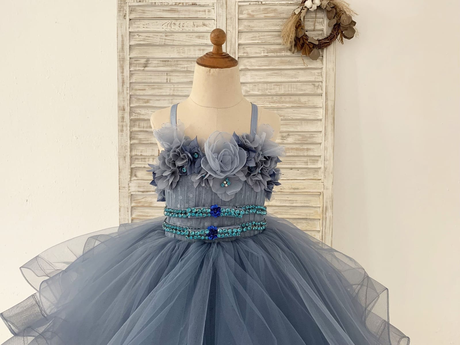 Beaded Dusty Blue Polka Dots Tulle Straps Wedding Flower Girl Dress Kids Party Dress