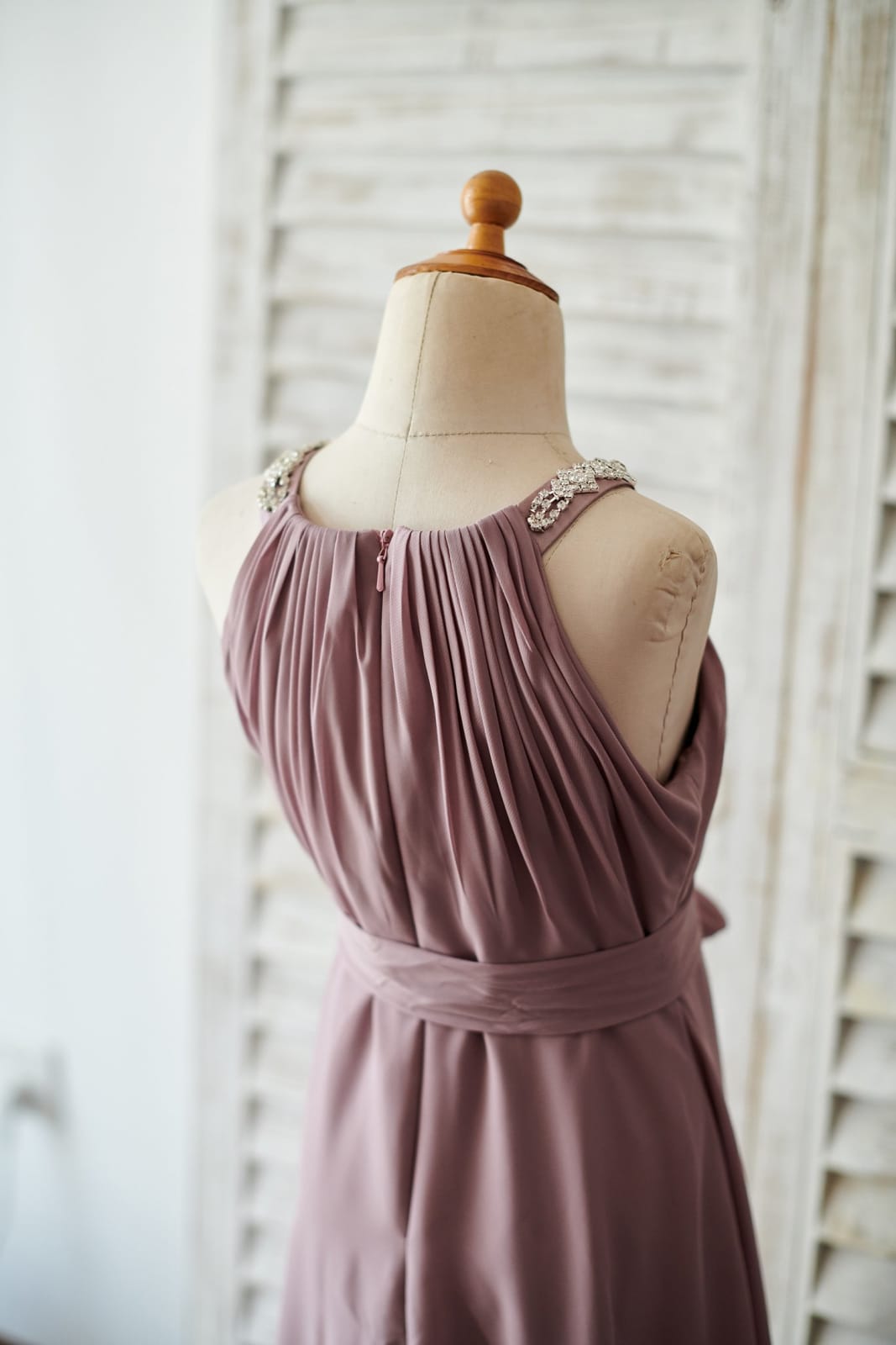 Beaded Mauve Chiffon Floor Length Wedding Junior Bridesmaid Dress