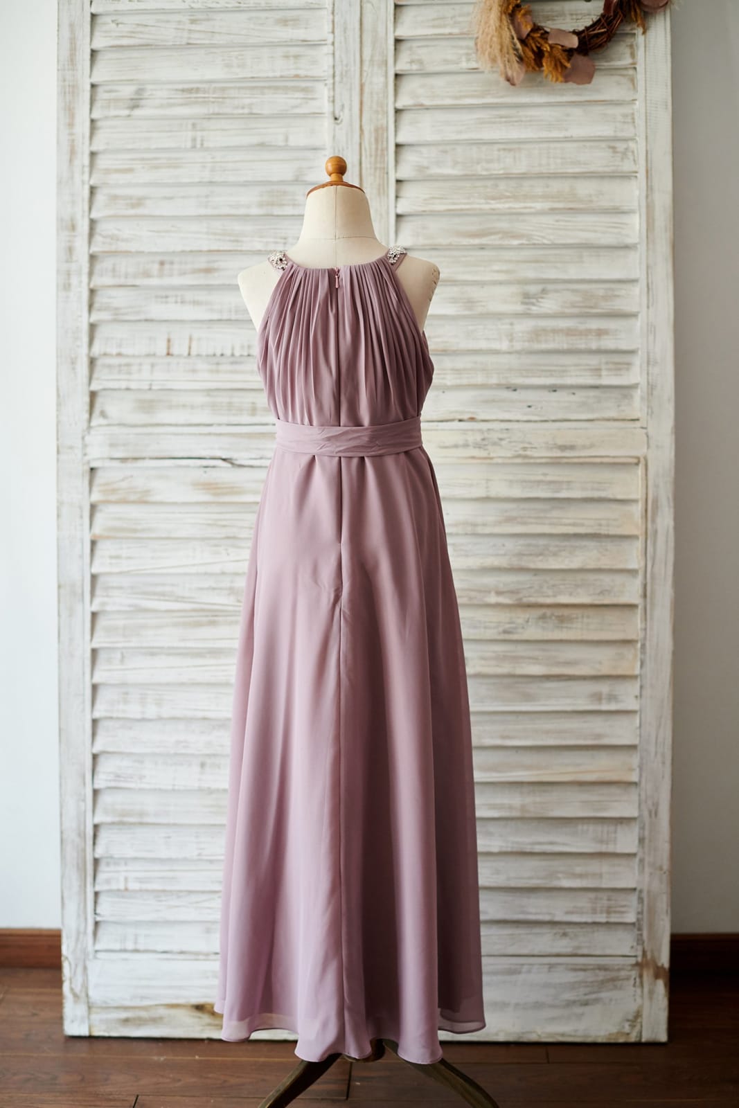 Beaded Mauve Chiffon Floor Length Wedding Junior Bridesmaid Dress