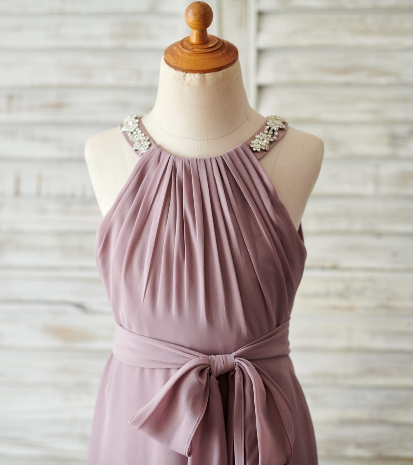 Beaded Mauve Chiffon Floor Length Wedding Junior Bridesmaid Dress