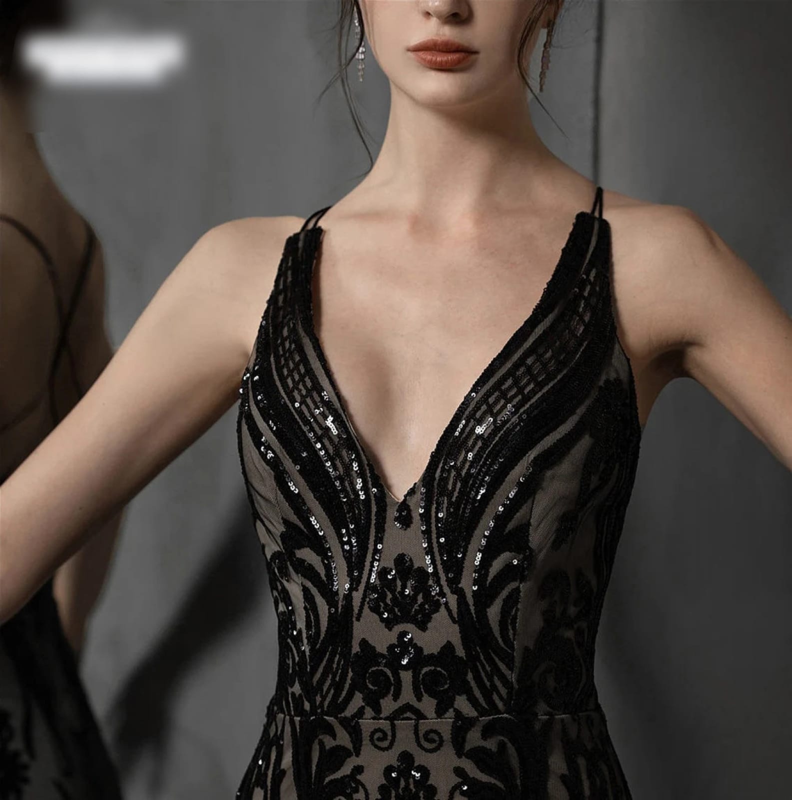 Black Goth Cross Back Lace Sequin Wedding Dress, Detachable Train 2 In 1