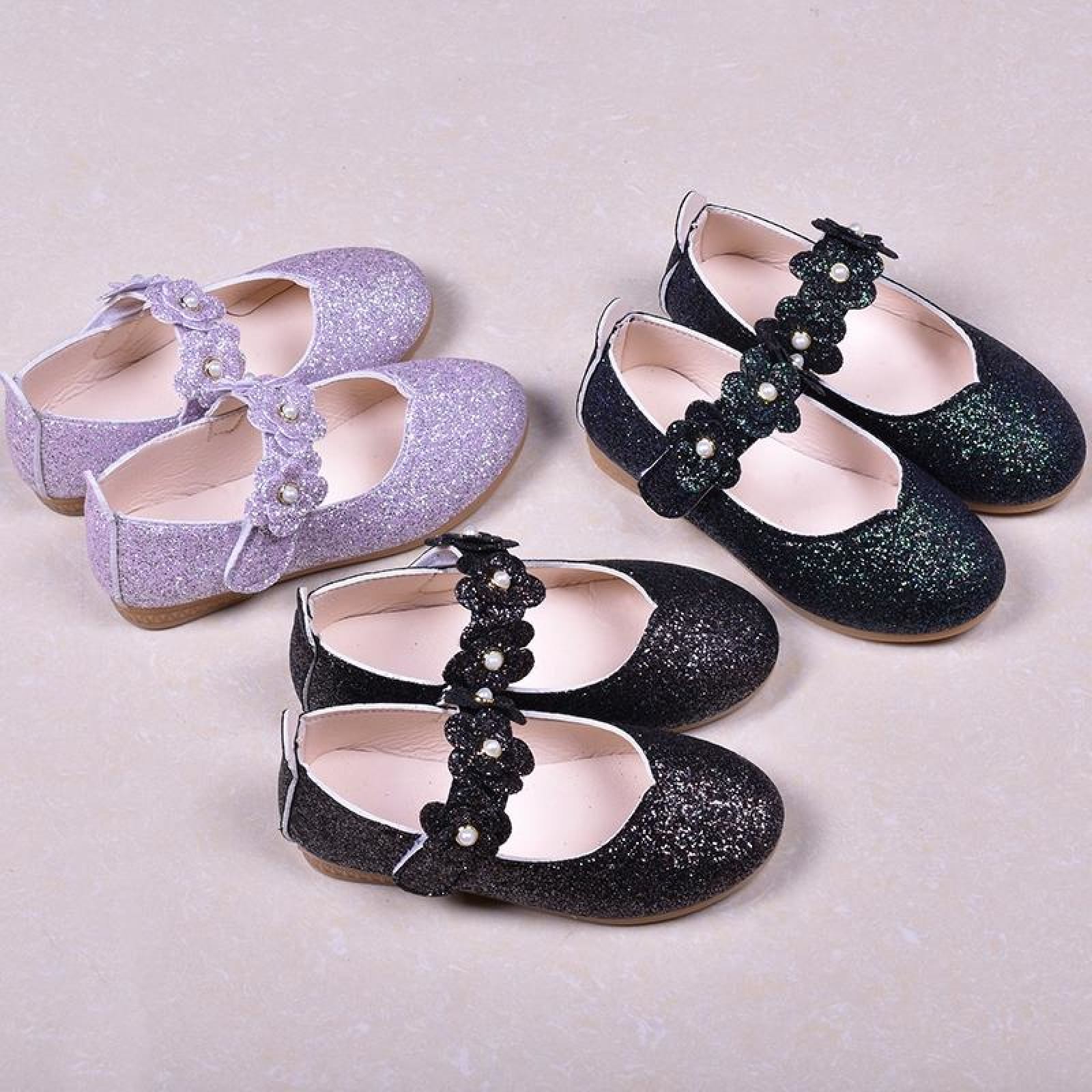 Black / Green / Lavender Leather Sequin Pearl Flat Princess Shoes Wedding Flower Girl Shoes