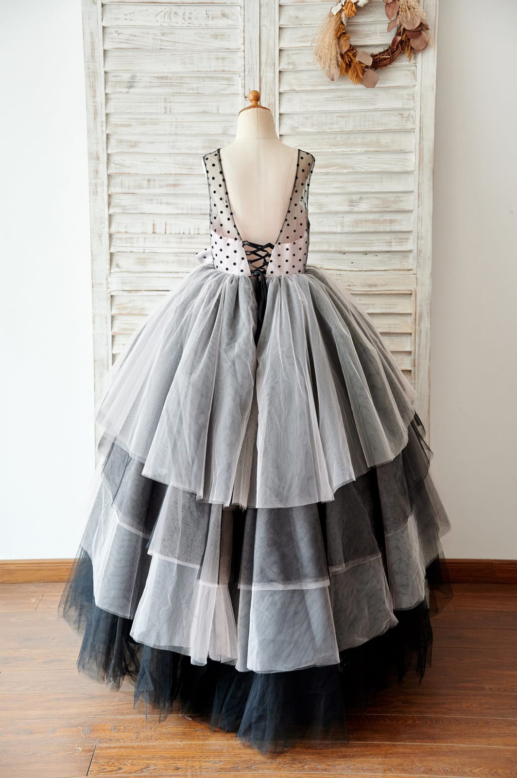 Black Polka Dots Tulle Corset Back Ball Gown Cupcake Wedding Flower Girl Dress