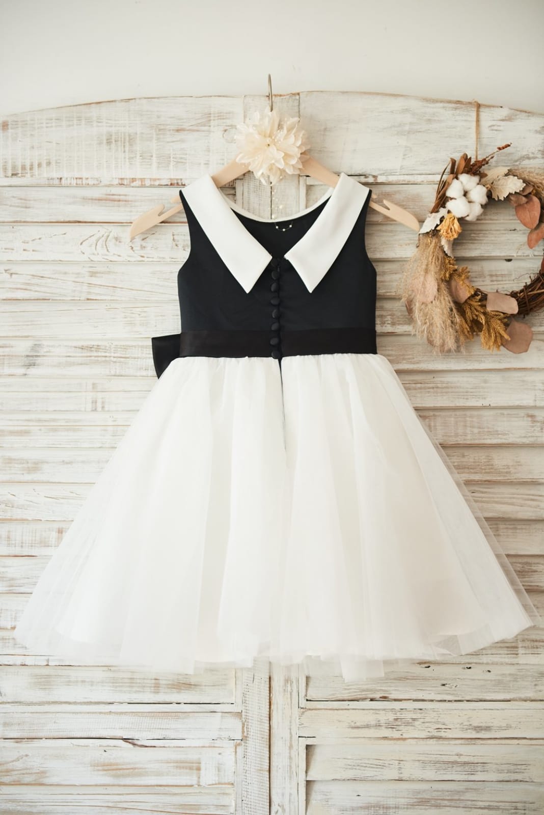 Black Satin Ivory Tulle Wedding Flower Girl Dress, V Back