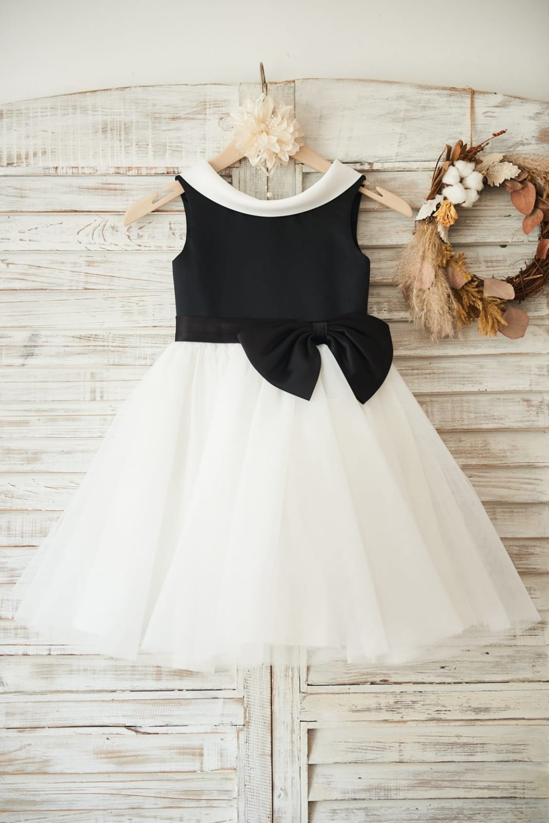 Black Satin Ivory Tulle Wedding Flower Girl Dress, V Back