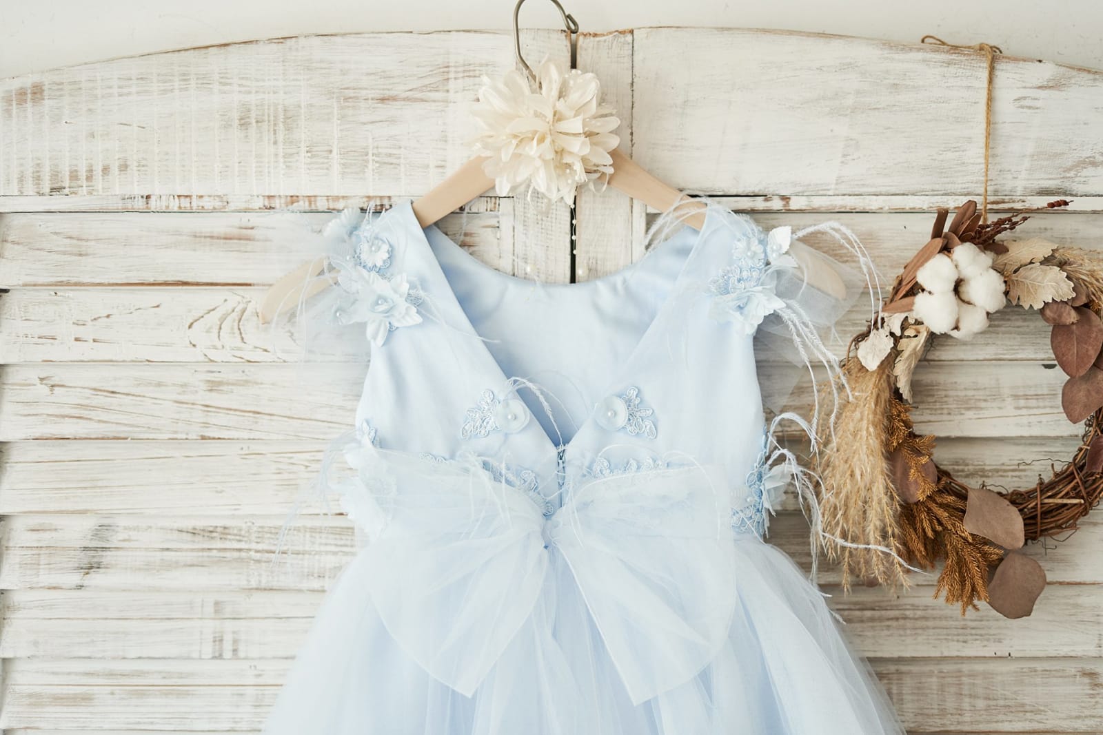 Blue Lace Tulle Cap Sleeves V Back Wedding Flower Girl Dress, Feathers