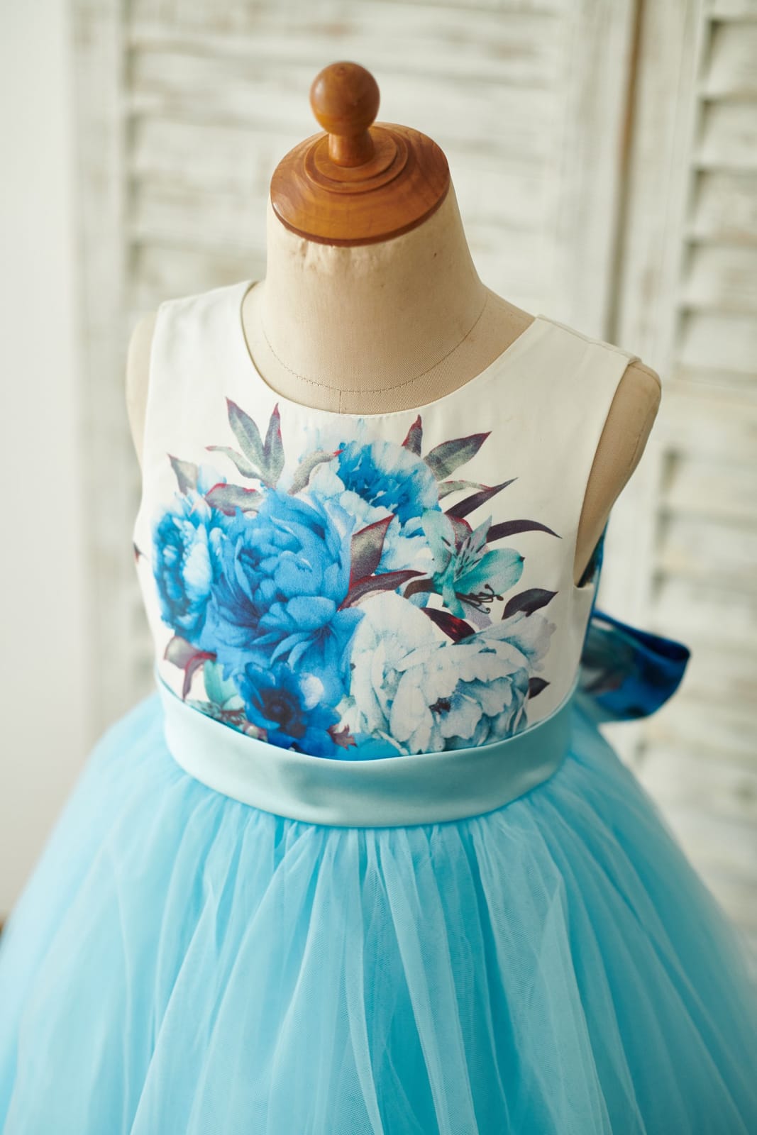 Blue Printed Floral Satin Tulle V Back Wedding Flower Girl Dress, Bow