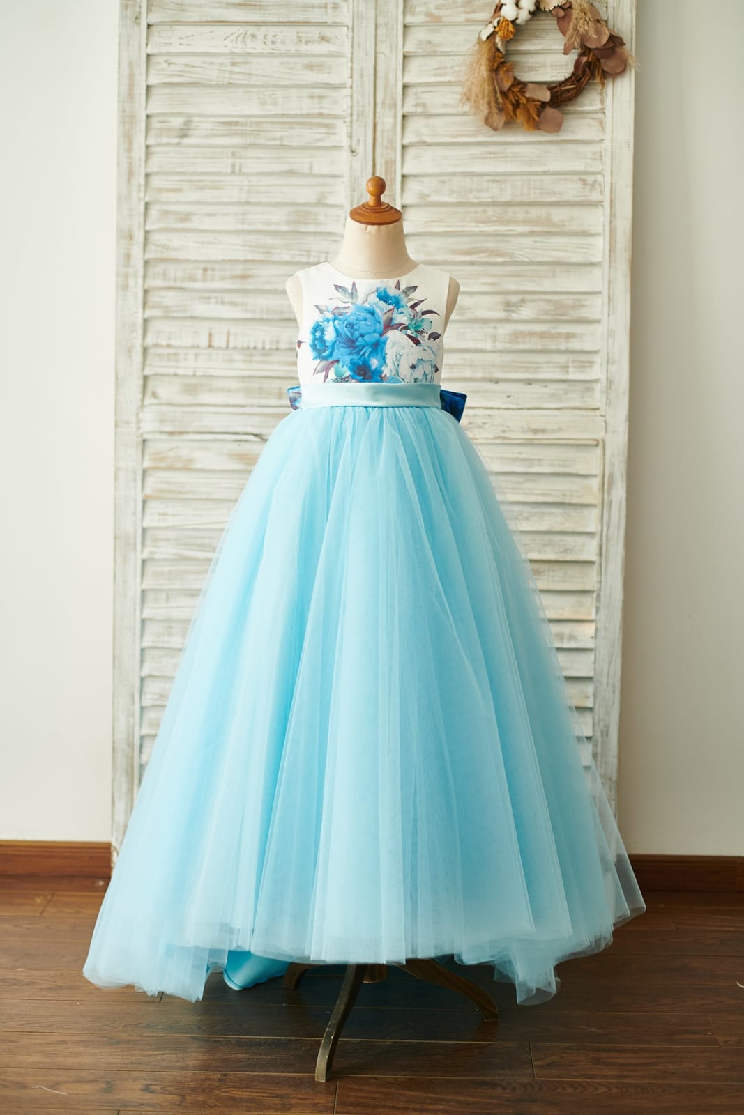 Blue Printed Floral Satin Tulle V Back Wedding Flower Girl Dress, Bow