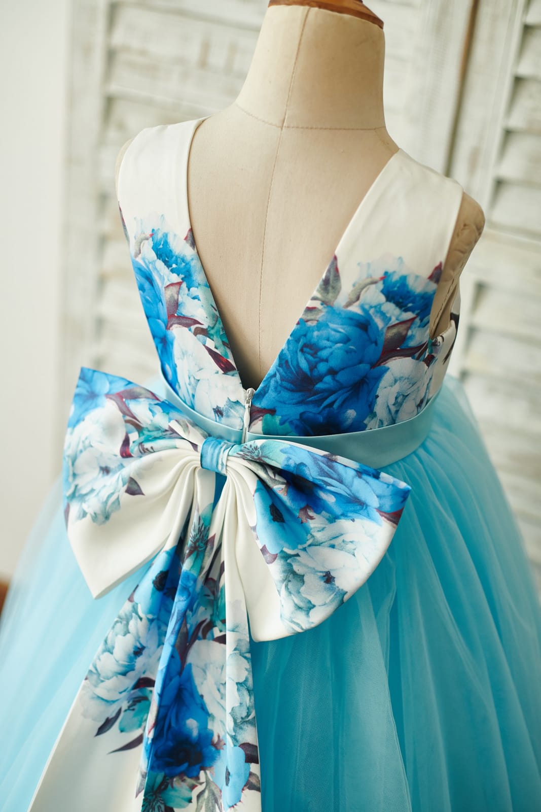 Blue Printed Floral Satin Tulle V Back Wedding Flower Girl Dress, Bow