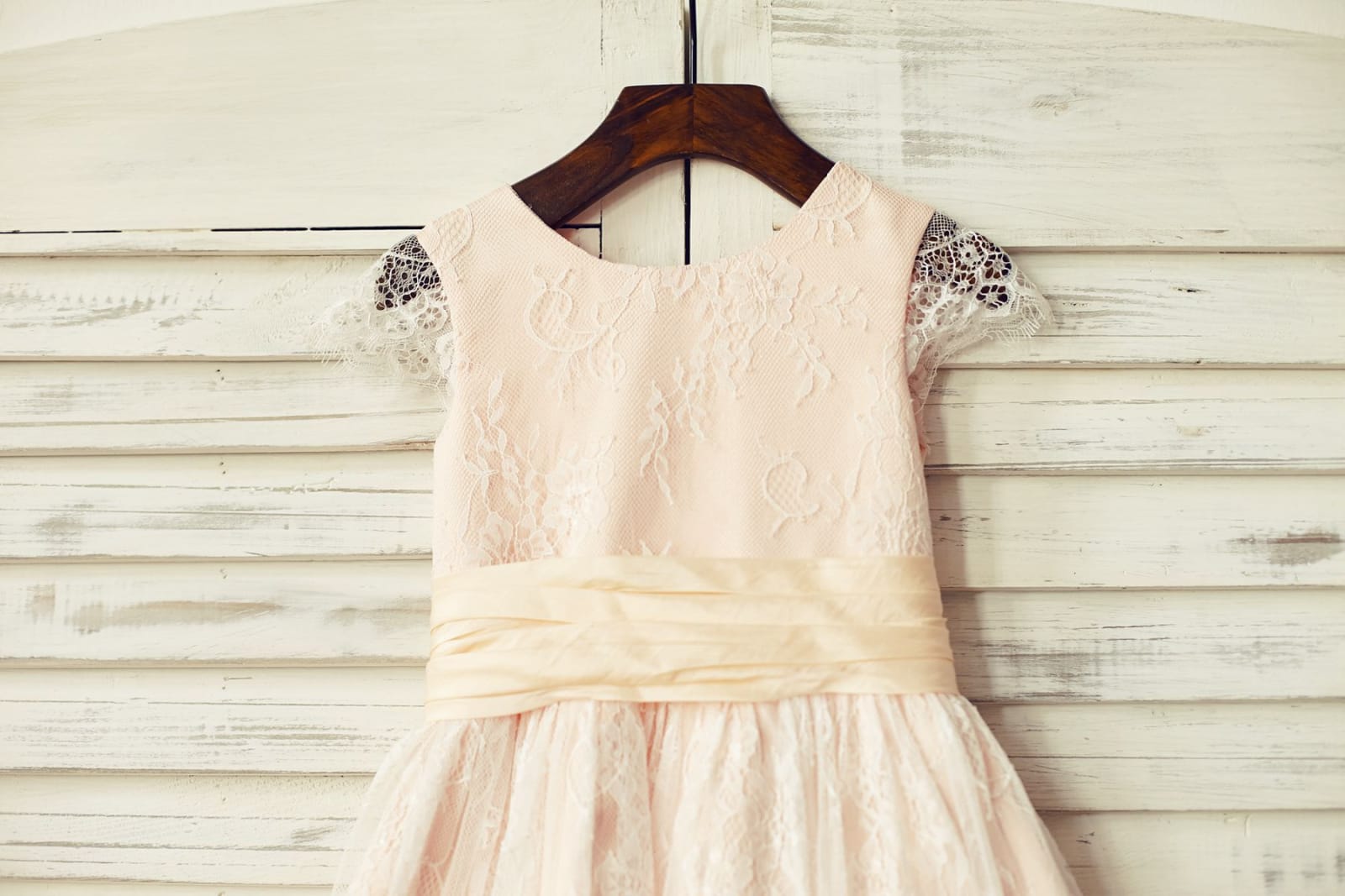 Blush Satin Ivory Lace Cap Sleeves Flower Girl Dress, Belt