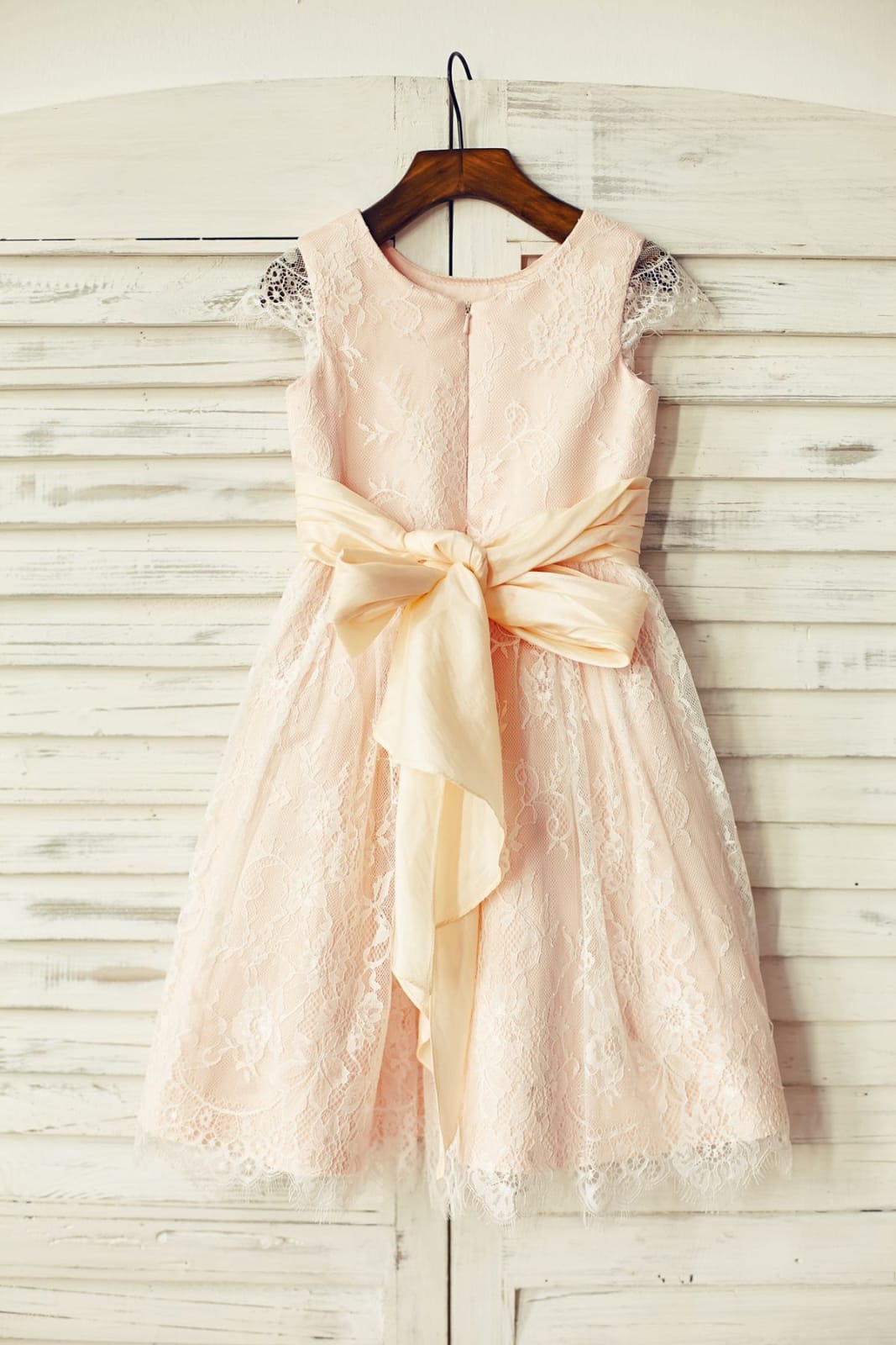 Blush Satin Ivory Lace Cap Sleeves Flower Girl Dress, Belt