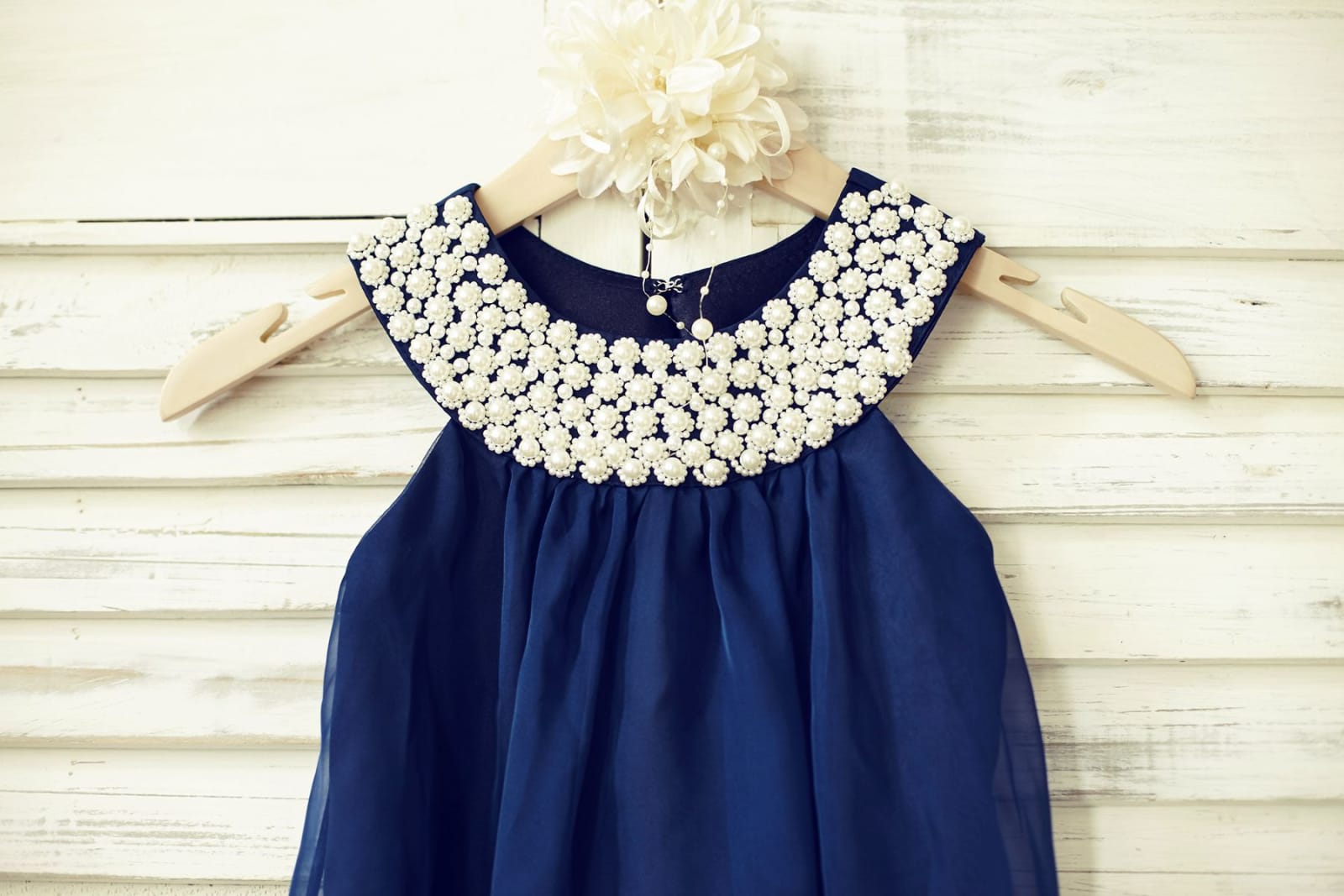 Boho Beach Navy Blue Chiffon Pearl Beaded Neck Flower Girl Dress