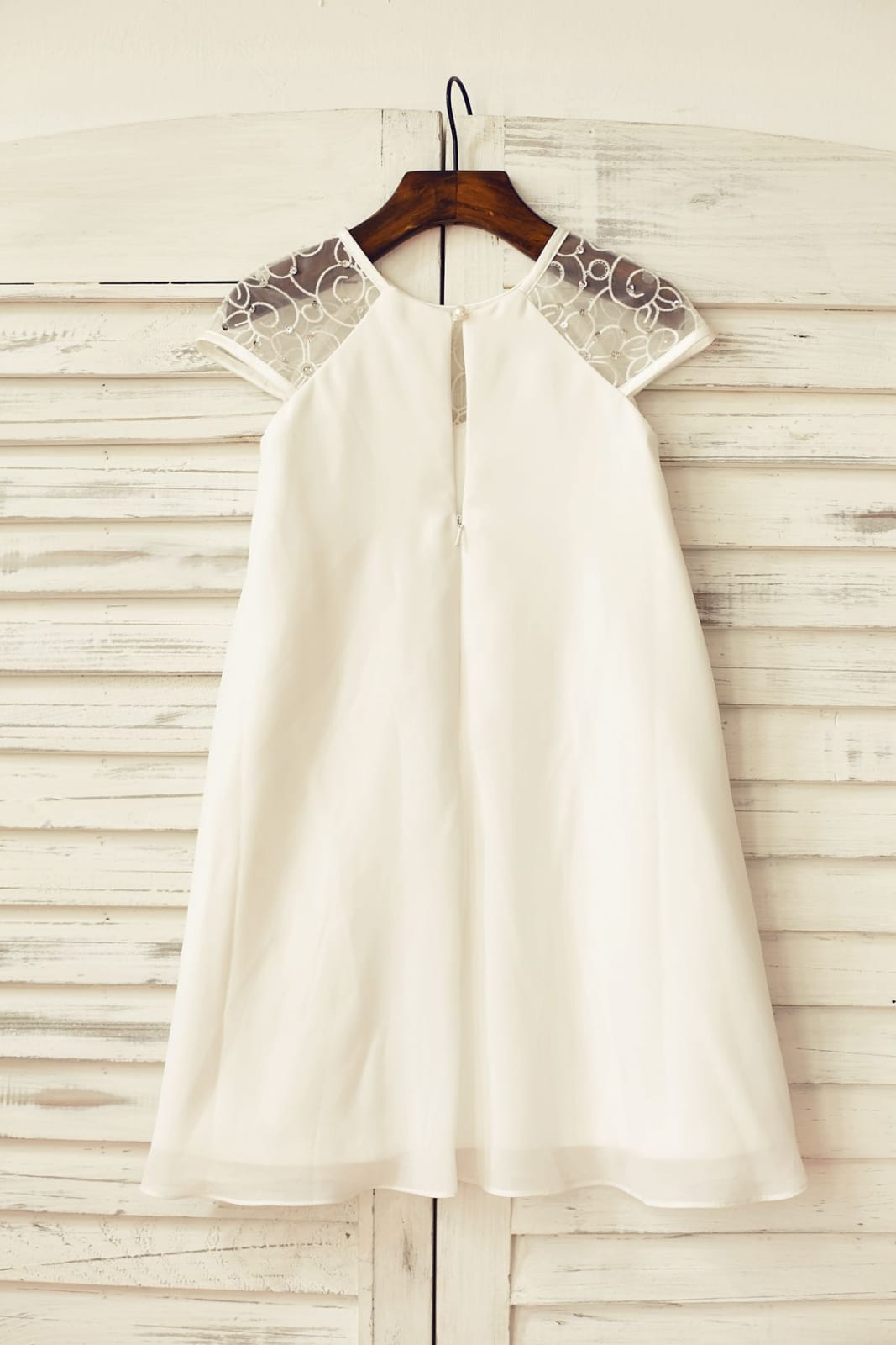 Boho Sheer Neck Ivory Chiffon Flower Girl Dress