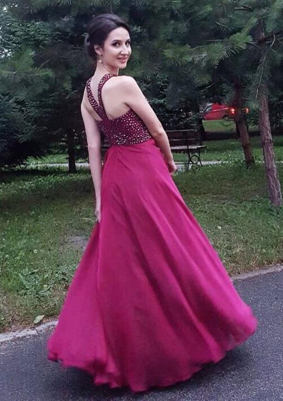 Burgundy Chiffon Floor Length Sweep A-Line Sleeveless Prom Dress, Beaded