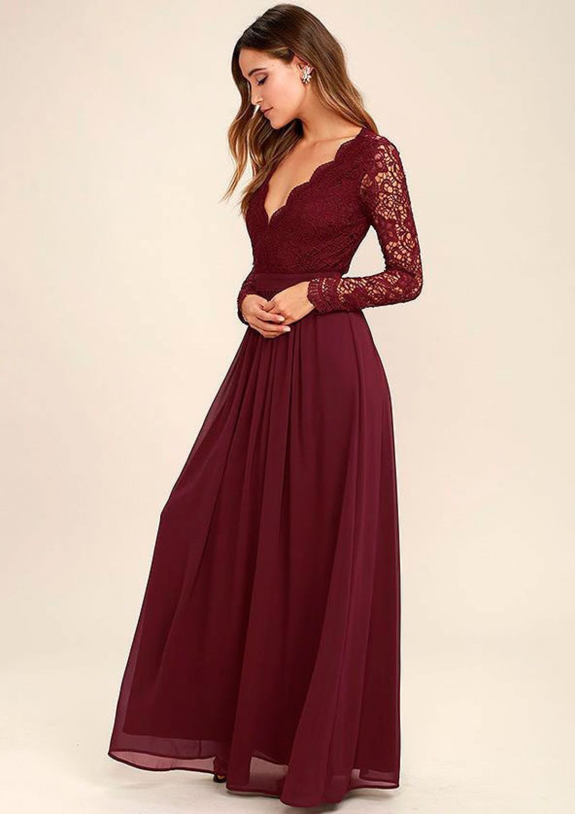 Burgundy Chiffon Long Lace Sleeve Backless Wedding Party Bridesmaid Dress