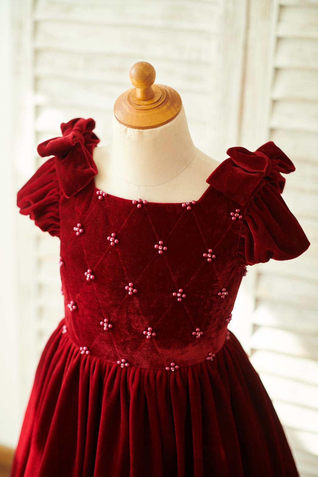 Burgundy Velvet Corset Back Cap Sleeves Wedding Flower Girl Dress