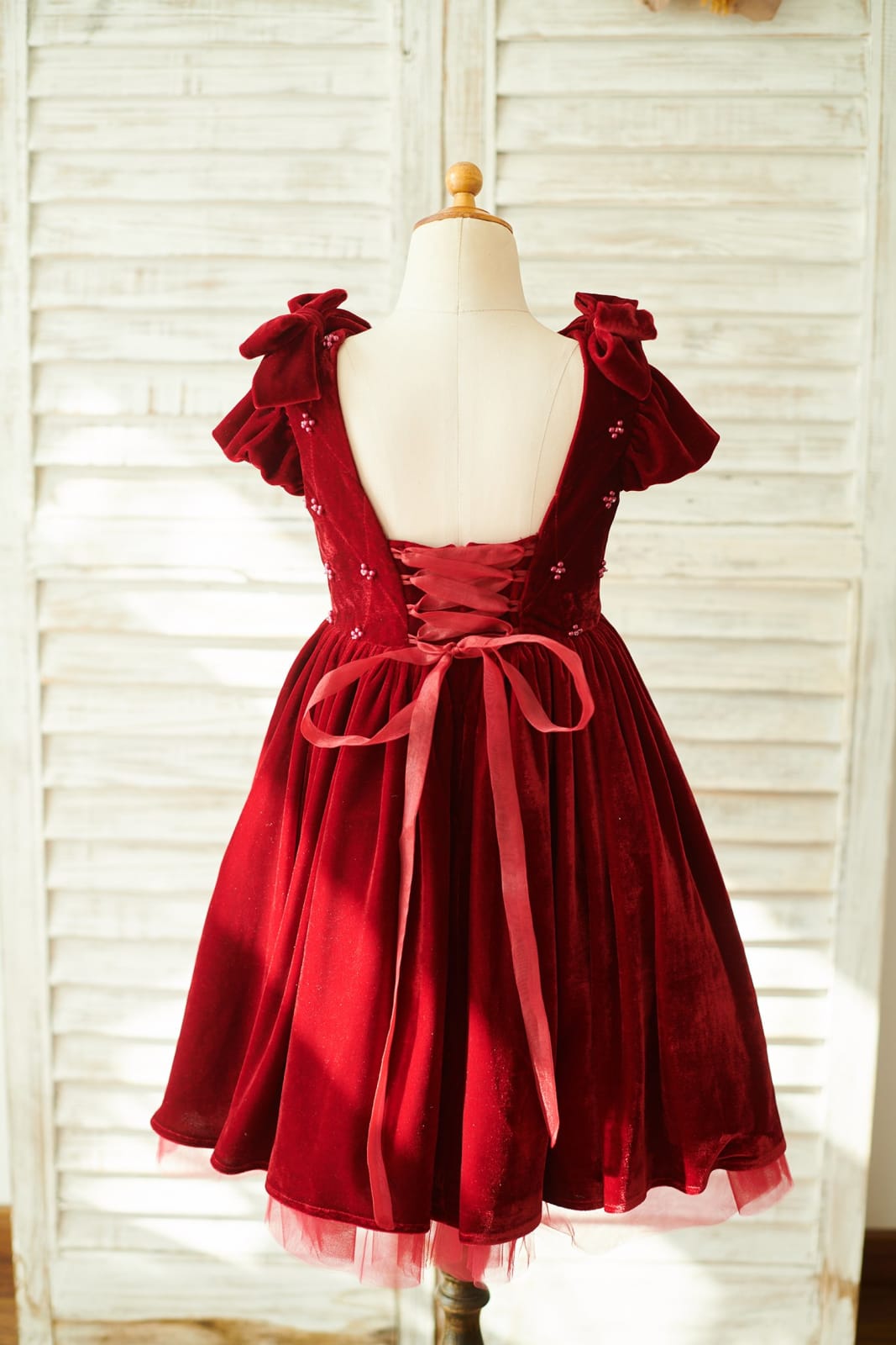 Burgundy Velvet Corset Back Cap Sleeves Wedding Flower Girl Dress