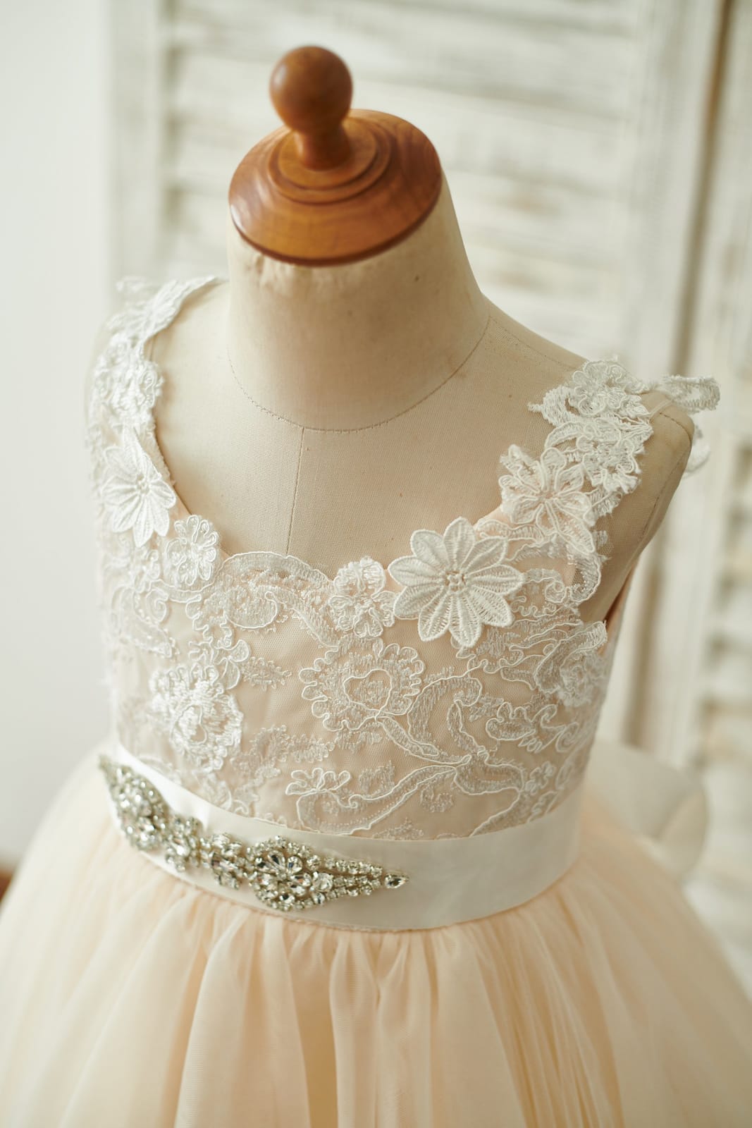 Champagne Lace Tulle Deep V Back Wedding Party Flower Girl Dress, Belt