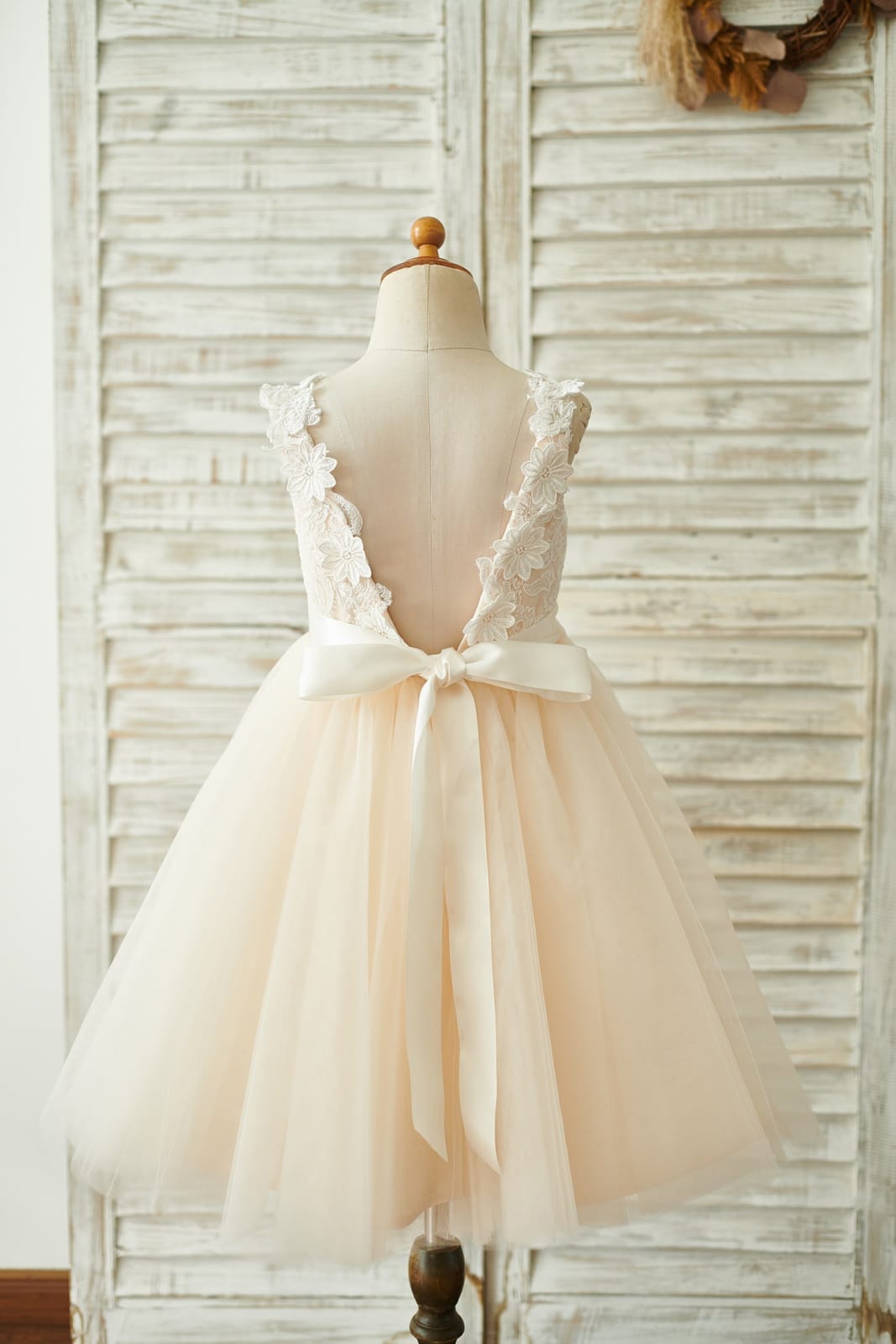 Champagne Lace Tulle Deep V Back Wedding Party Flower Girl Dress, Belt
