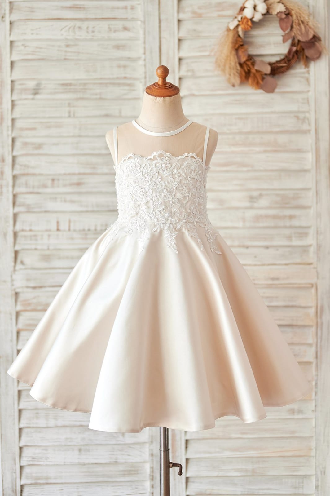 Champagne Satin Ivory Lace Sheer Back Wedding Flower Girl Dress