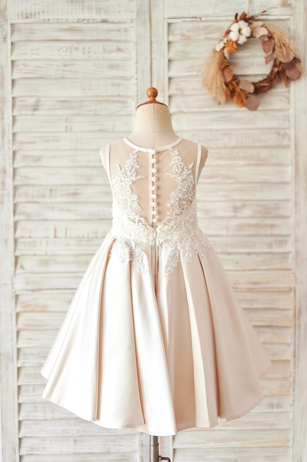 Champagne Satin Ivory Lace Sheer Back Wedding Flower Girl Dress