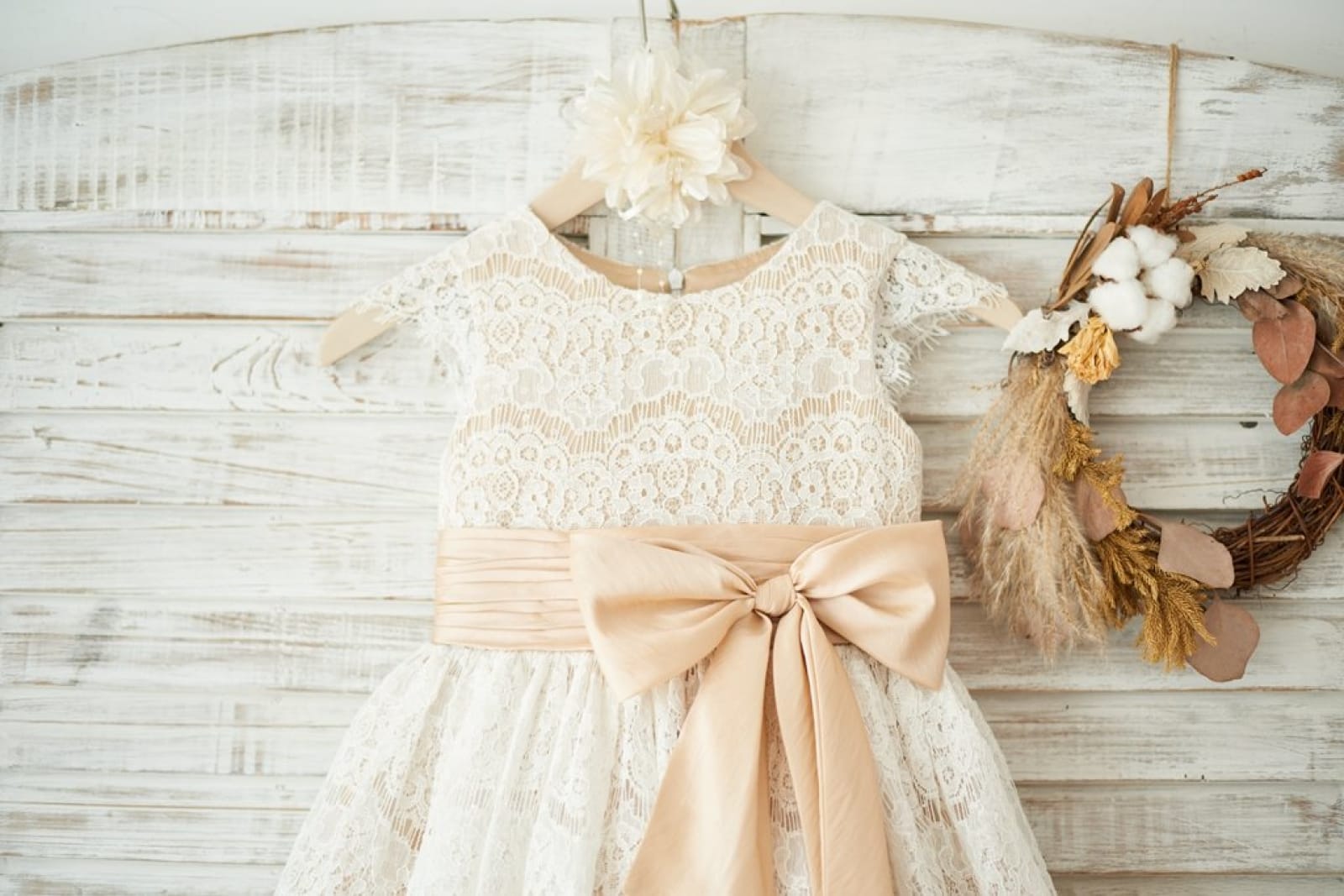 Champagne Satin Ivory Lace Cap Sleeves Wedding Flower Girl Dress, Bow Belt