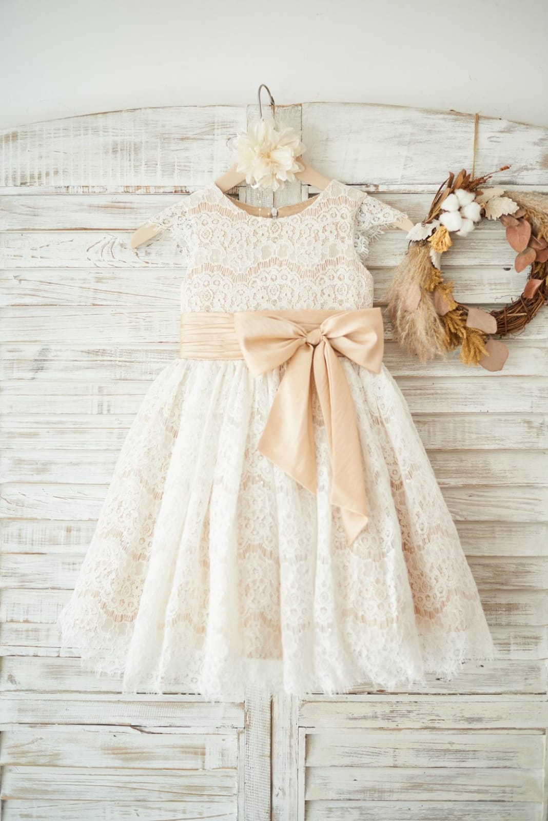 Champagne Satin Ivory Lace Cap Sleeves Wedding Flower Girl Dress, Bow Belt