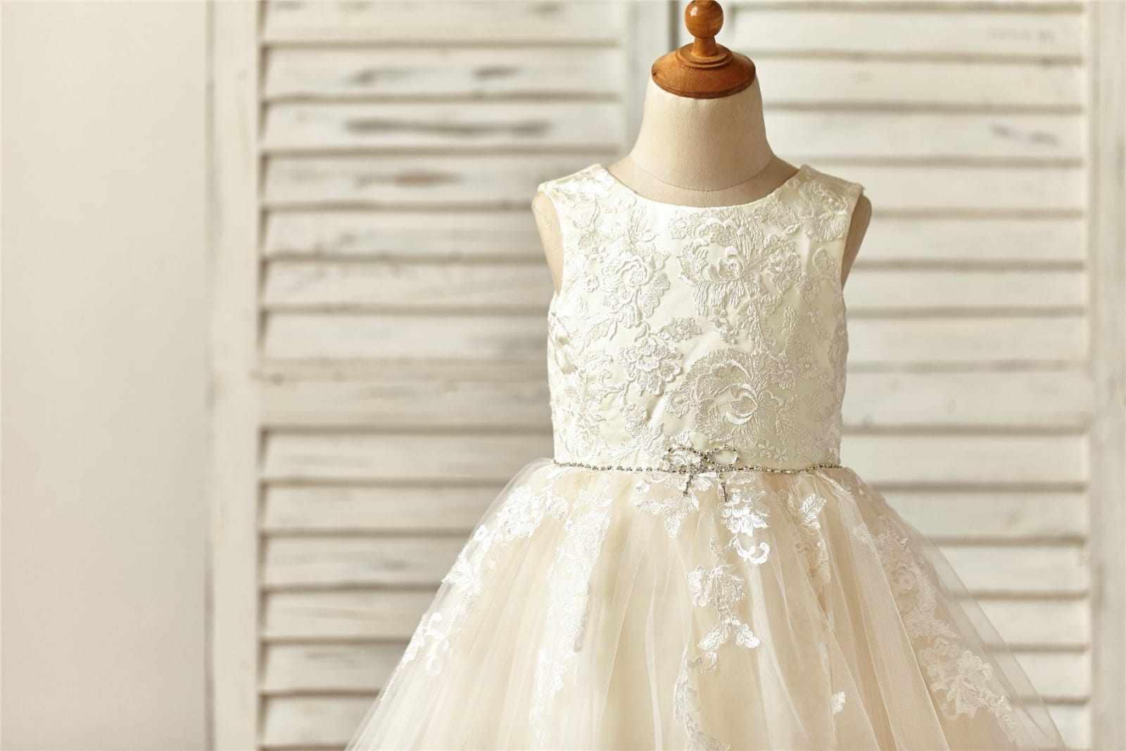 Champagne Satin Tulle Flower Girl Dress, Beaded Sash