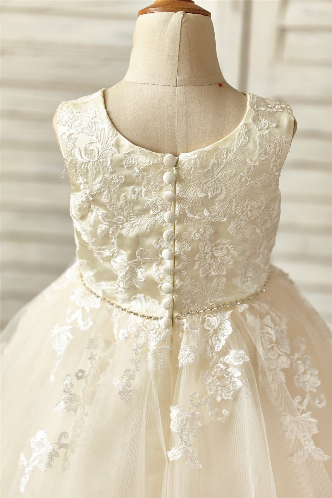 Champagne Satin Tulle Flower Girl Dress, Beaded Sash