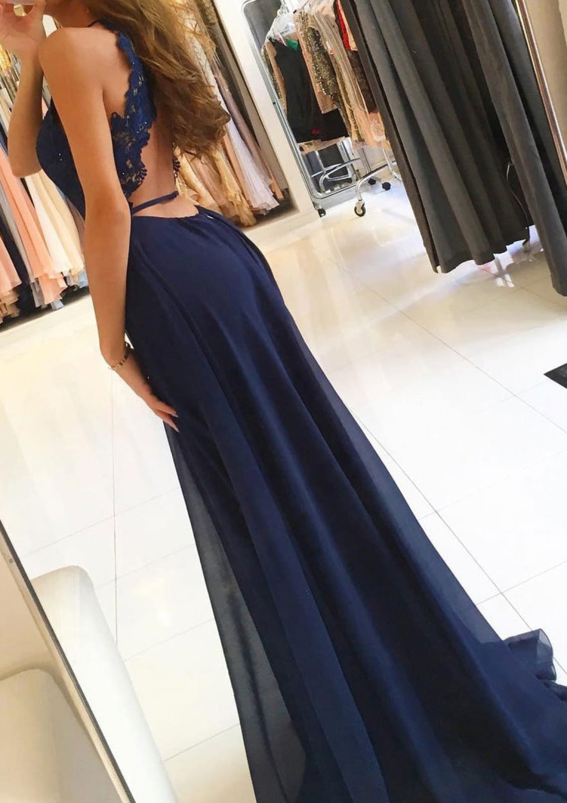 Chiffon Prom Dress Navy Sleeveless A-Line Plunging Scoop Sweep Slit, Lace