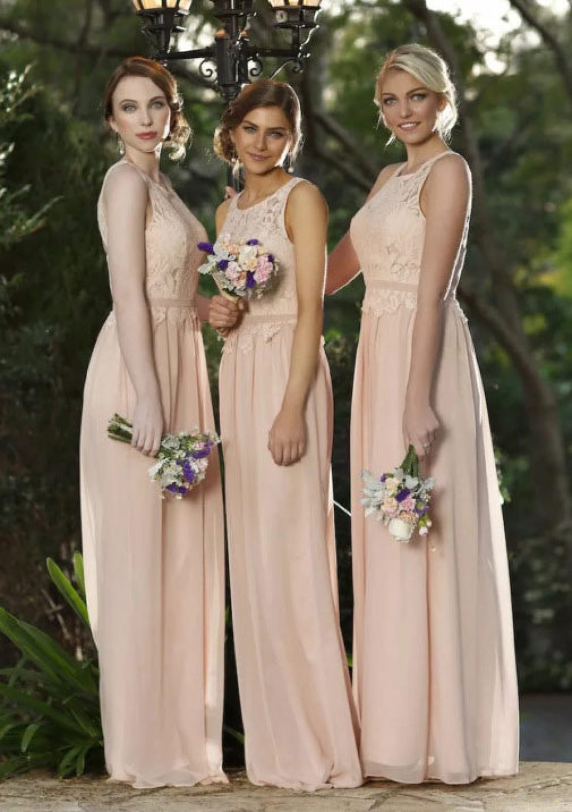 Column Scoop Neck Sleeveless Lace Chiffon Floor-Length Wedding Bridesmaid Dress