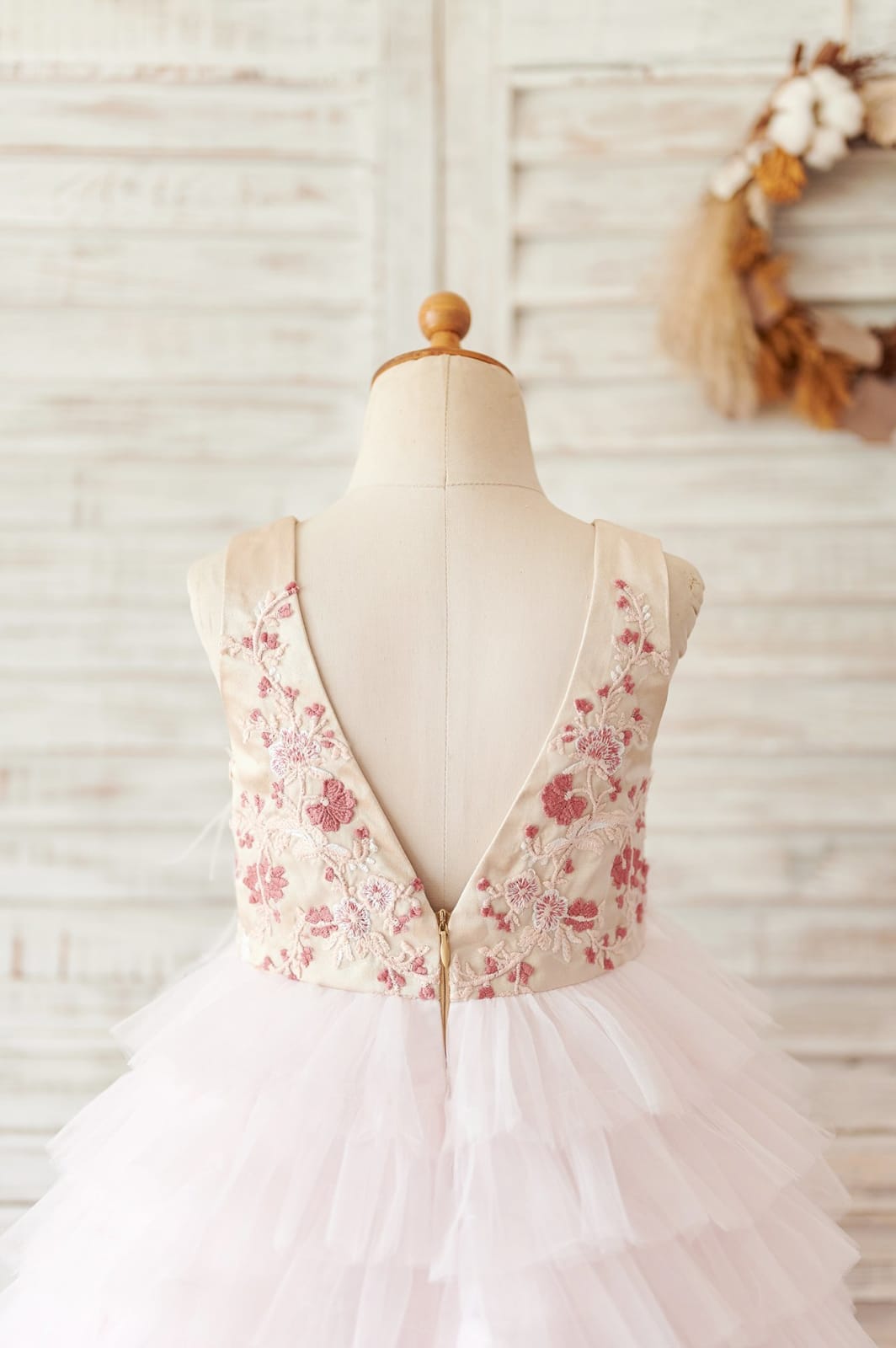 Cupcake Blush Pink Tulle Embroidery Lace V Back Wedding Flower Girl Dress