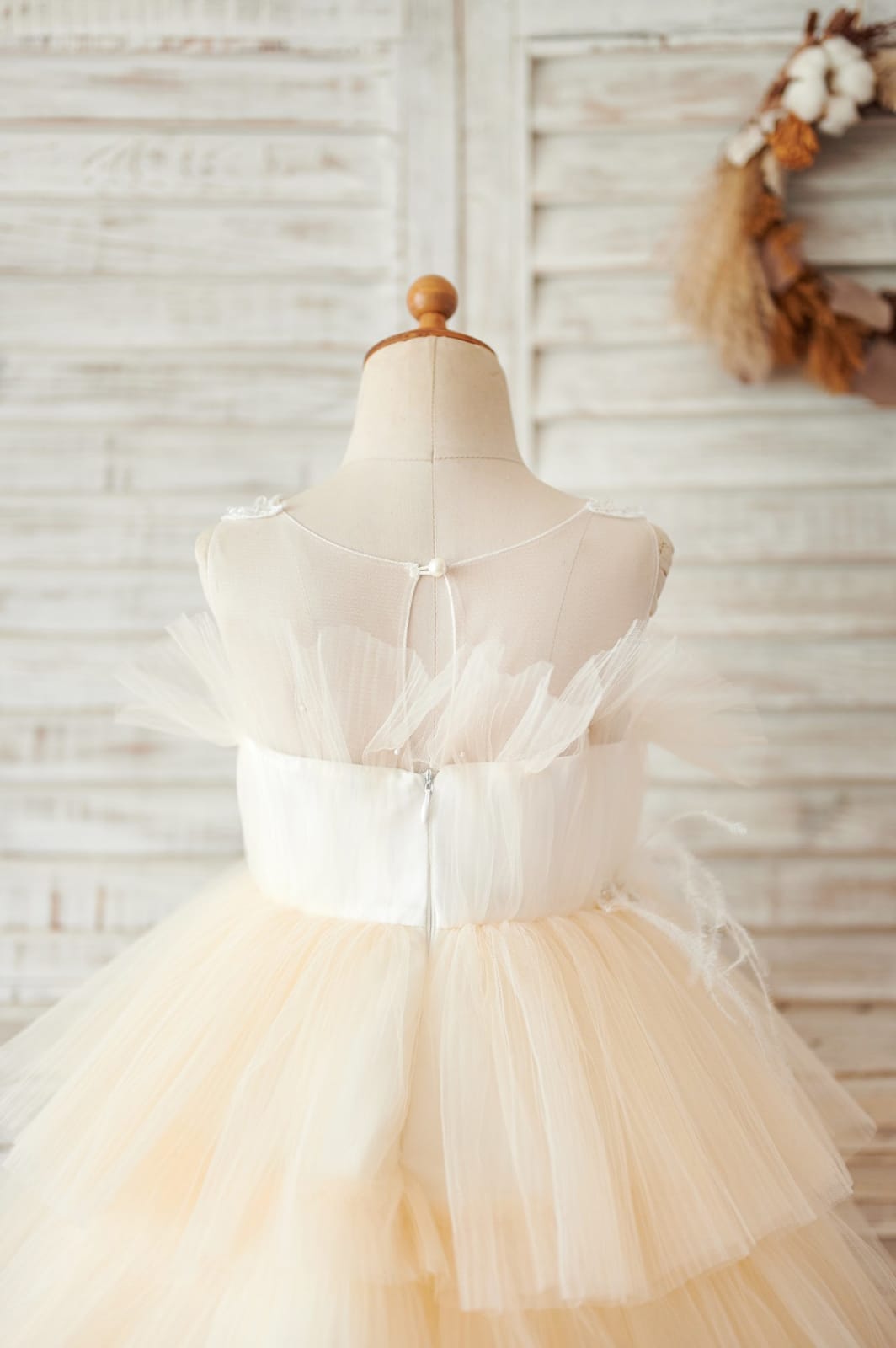 Cupcake Champagne Tulle Beaded Lace Wedding Flower Girl Dress