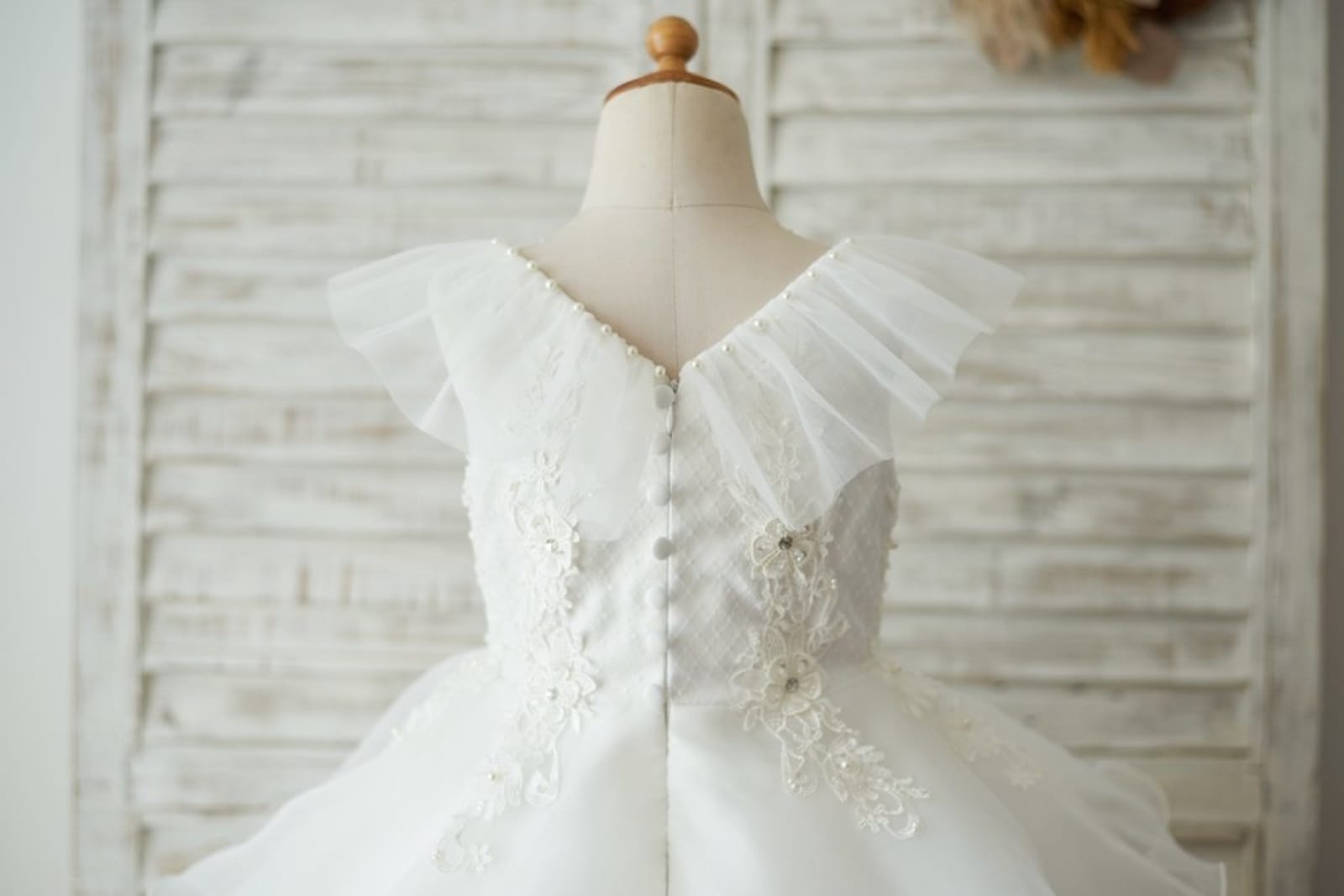 Cupcake V Neck Ivory Lace Organza Wedding Flower Girl Dress, Beading