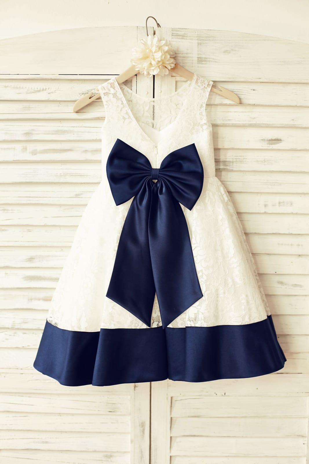 Deep V Back Ivory Lace Flower Girl Dress, Navy Blue Bow