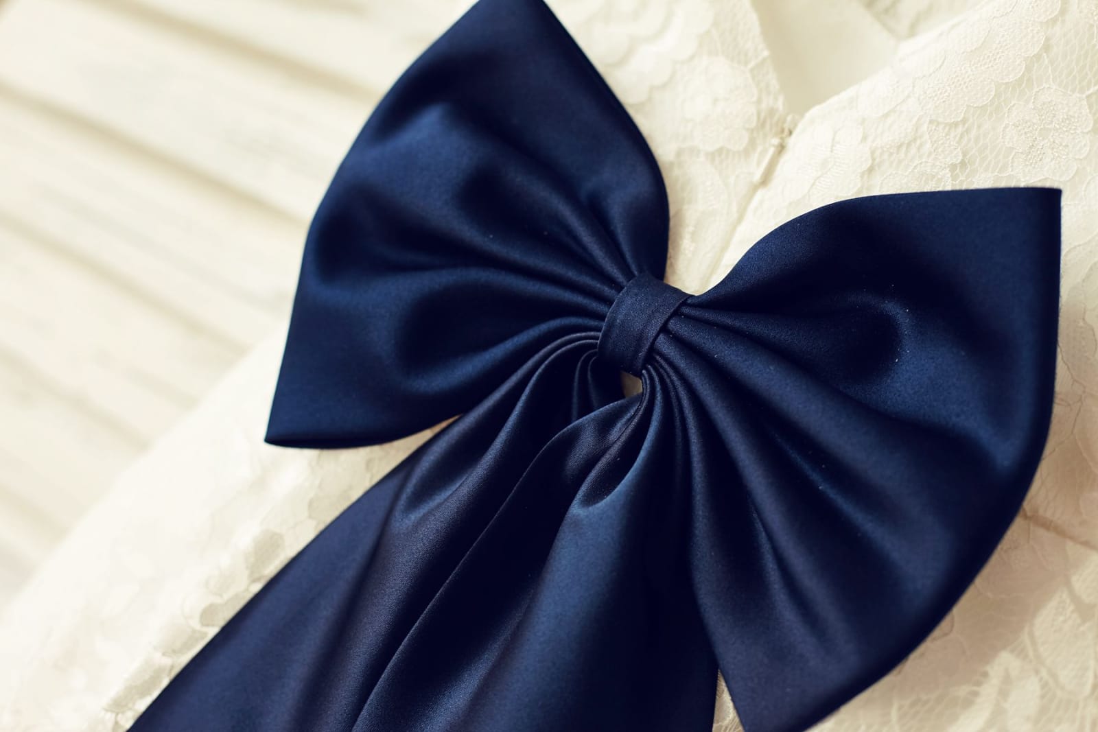 Deep V Back Ivory Lace Flower Girl Dress, Navy Blue Bow