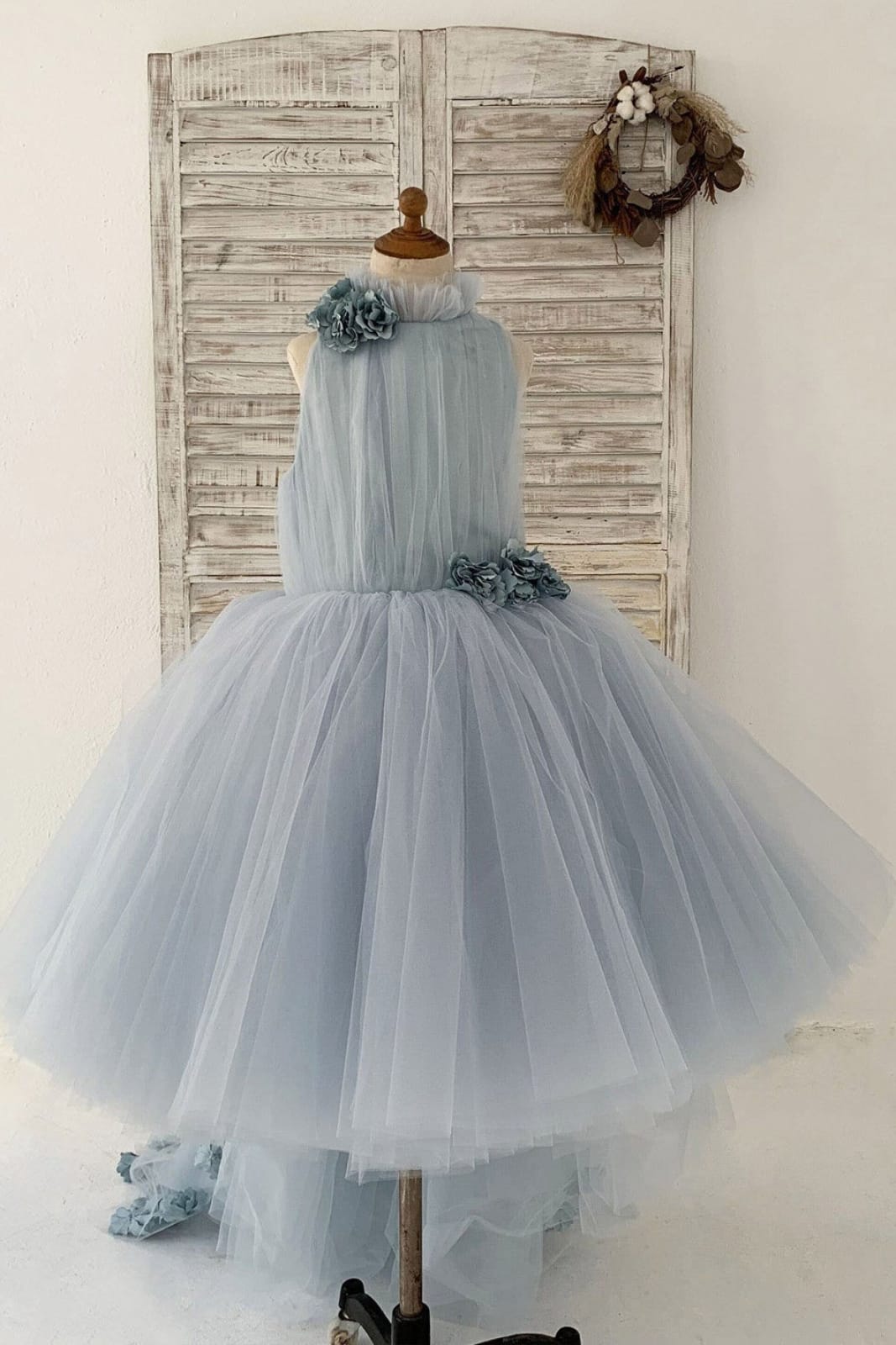 Dusty Blue Tulle Hi-Low Wedding Flower Girl Dress Kids Party Dress, Sweep Train